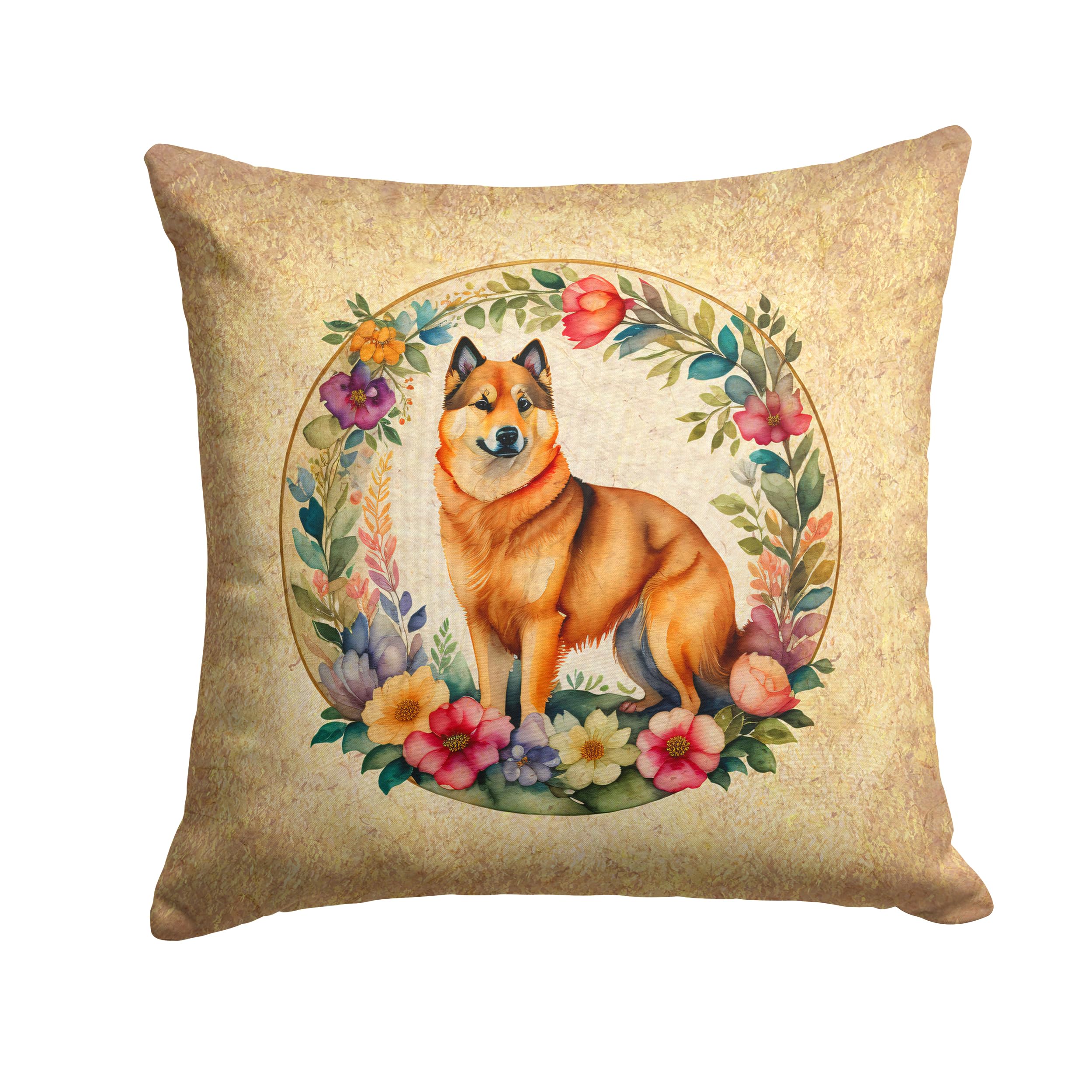 Finnish Spitz And Flowers Throw Pillow