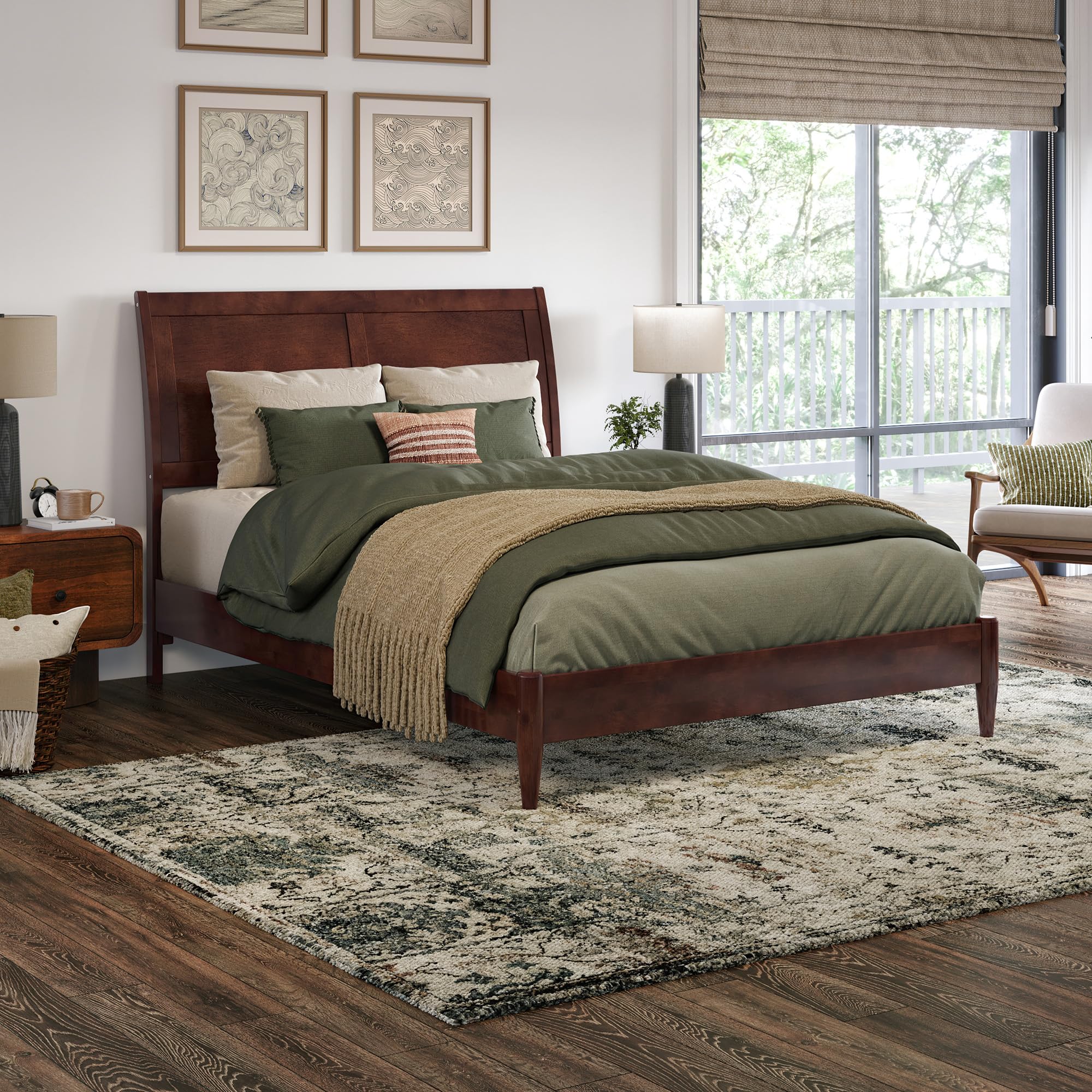 Valencia Full Solid Wood Low Profile Sleigh Platform Bed in Walnut