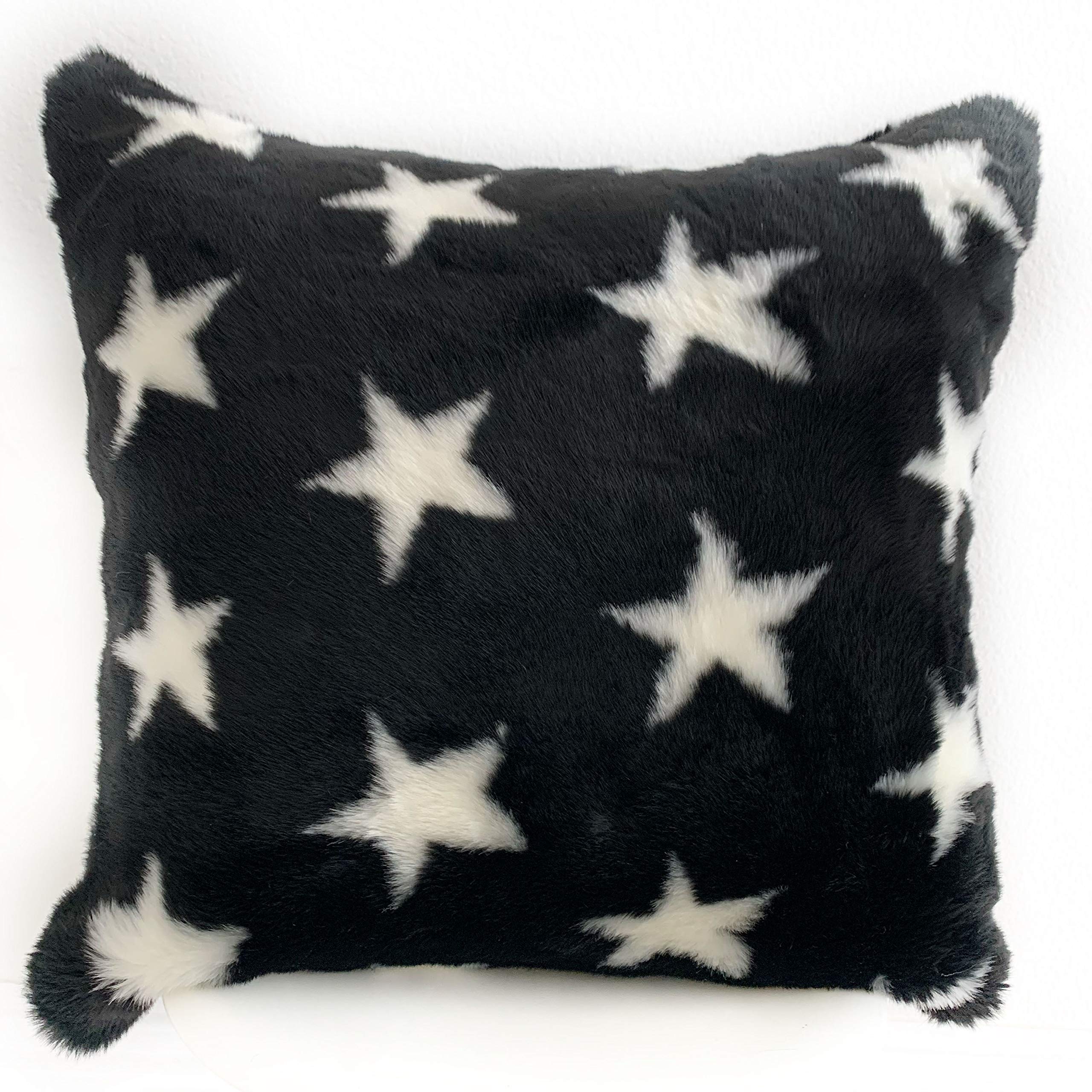 Plutus Brands Black and White Plutus Stars Soft Animal Faux Fur Luxury Throw Pillow 18 in x 18in, Double Sided 18 x 18”