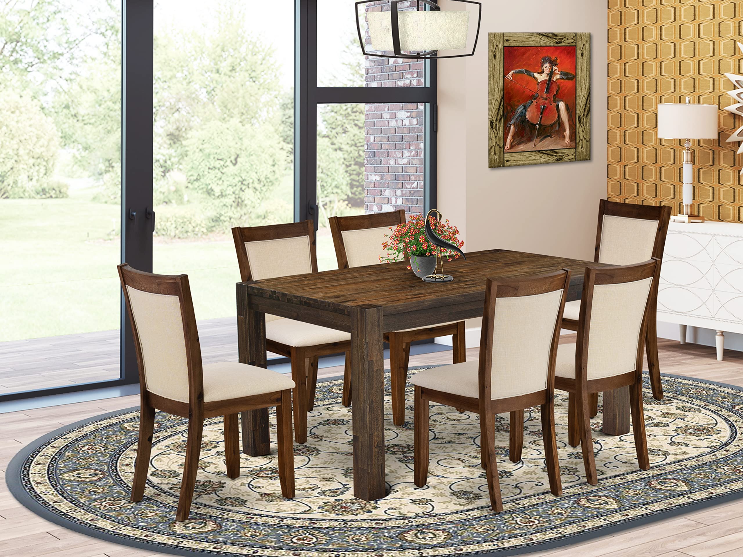East West Furniture 7-Piece Dining Table Set - A Wood Dining Table and 6 Gorgeous Light Beige Linen Fabric Padded Dining Chair with Stylish High Back  (Distressed Jacobean Finish)