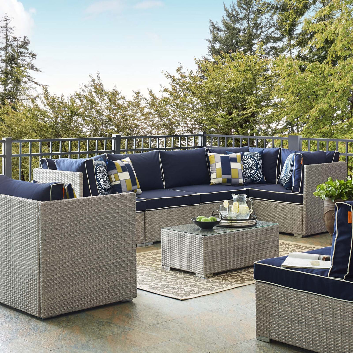 Modway Eei-3011-Lgr-Nav-Set Repose 7 Piece Outdoor Patio Sunbrella Sectional Set In Light Gray Navy