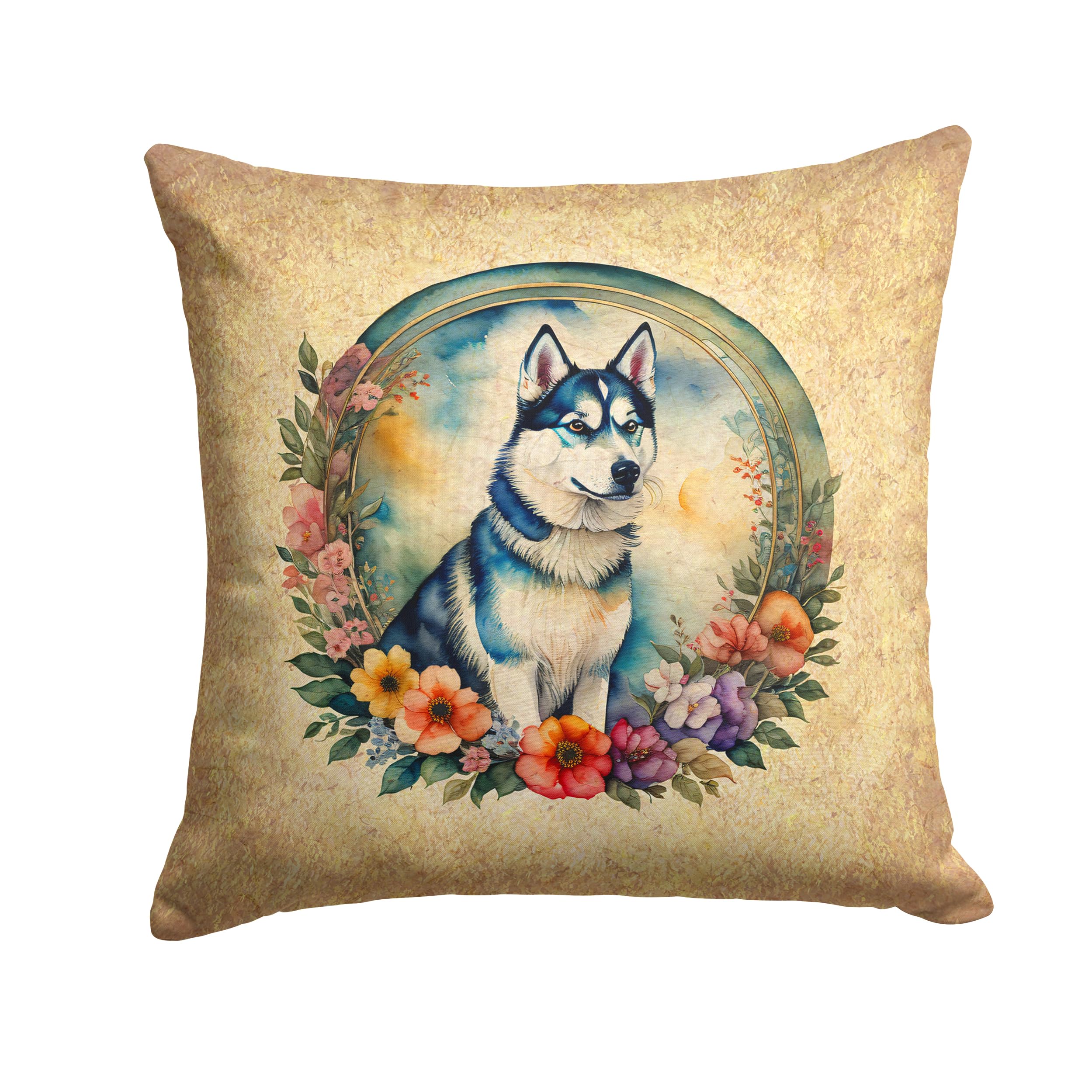 Siberian Husky And Flowers Throw Pillow