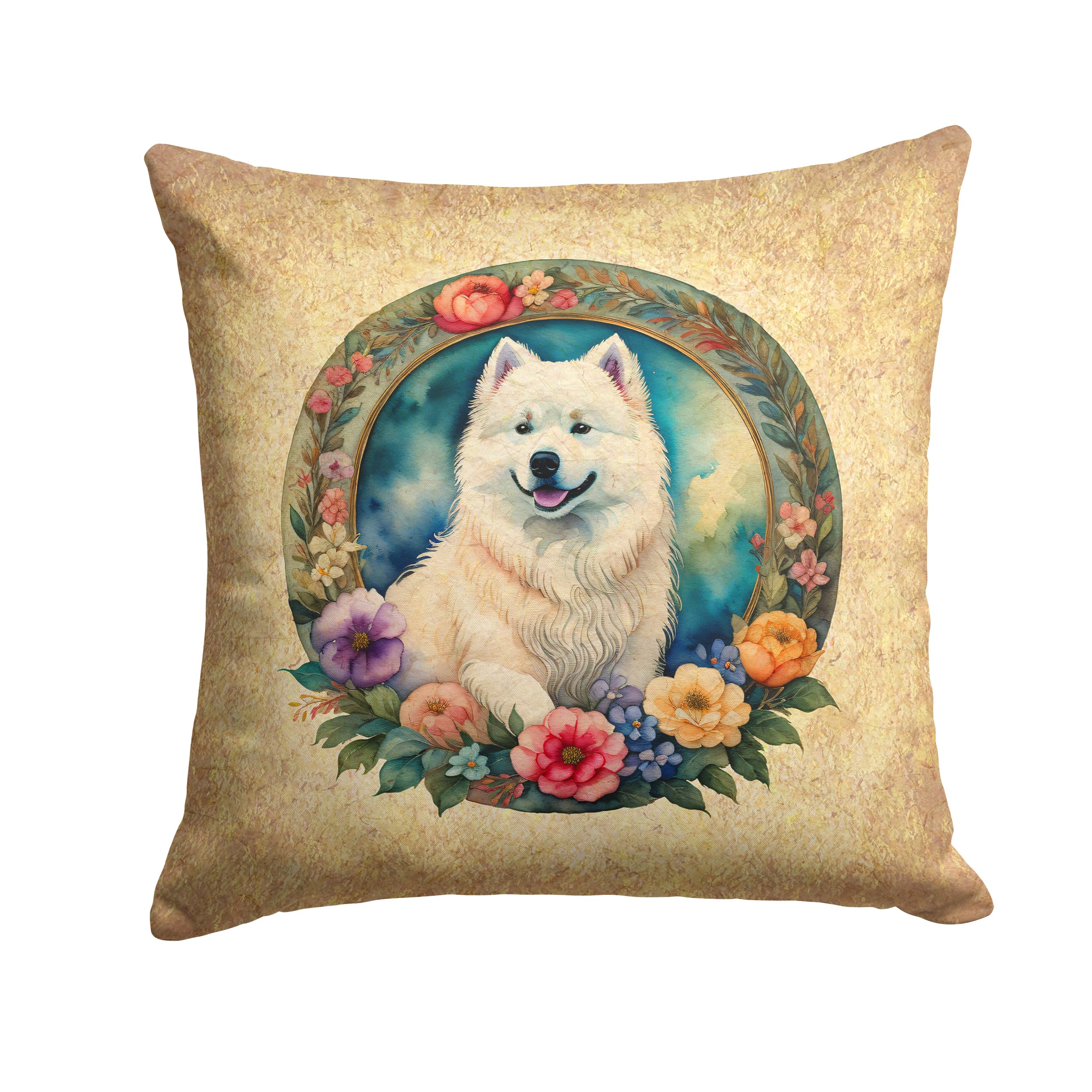 Samoyed And Flowers Throw Pillow