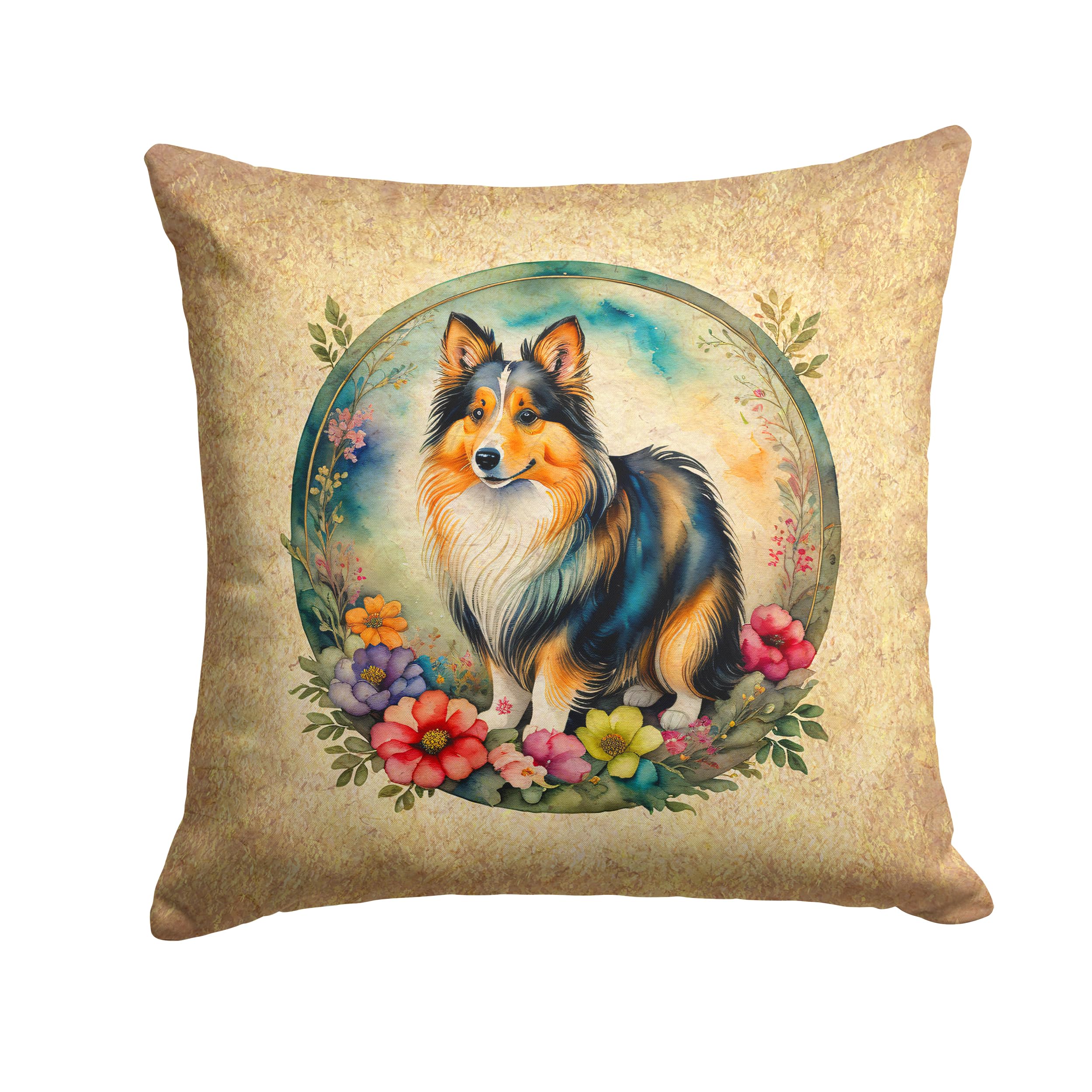 Sheltie And Flowers Throw Pillow
