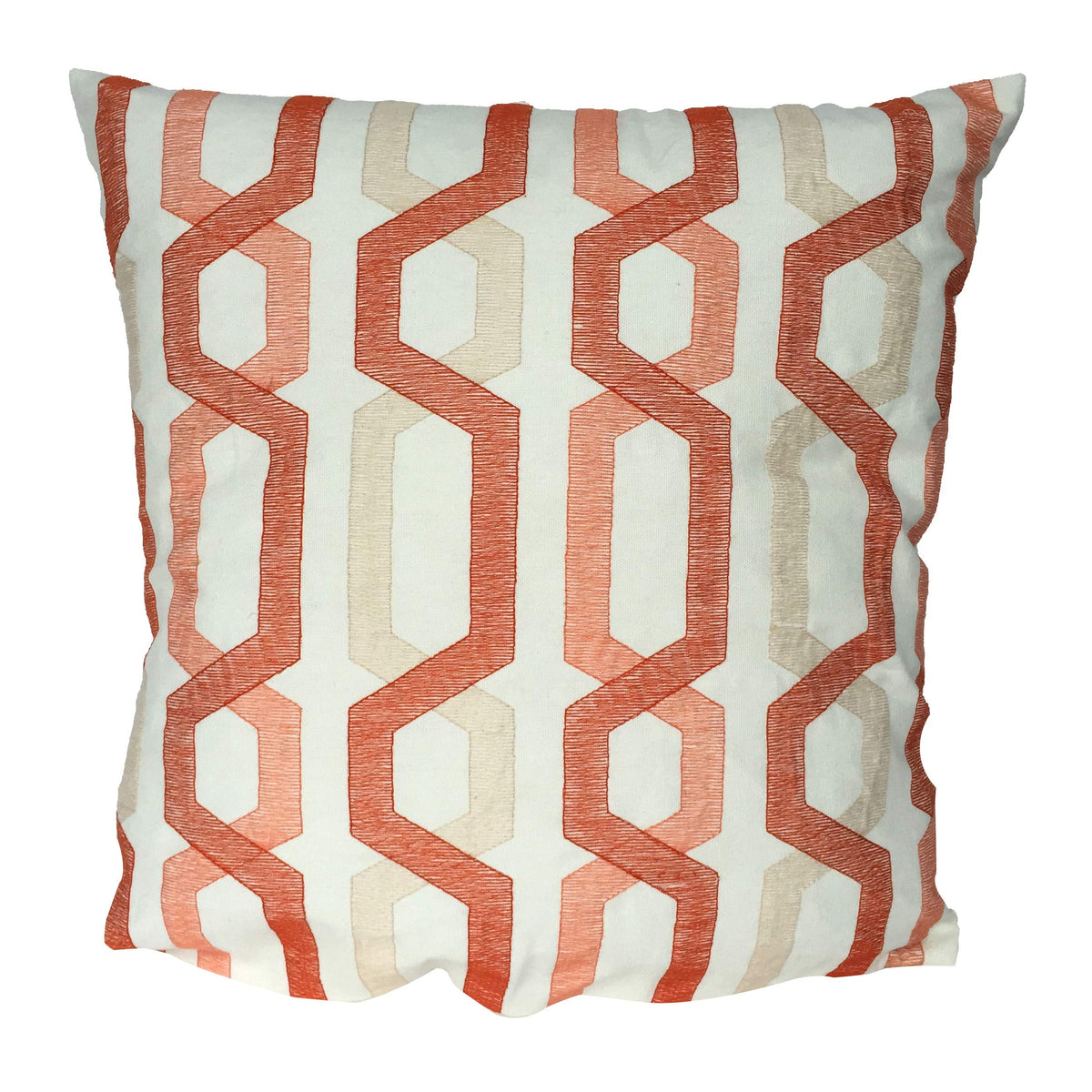 Benjara Contemporary Cotton Pillow With Geometric Embroidery, Red And Cream.