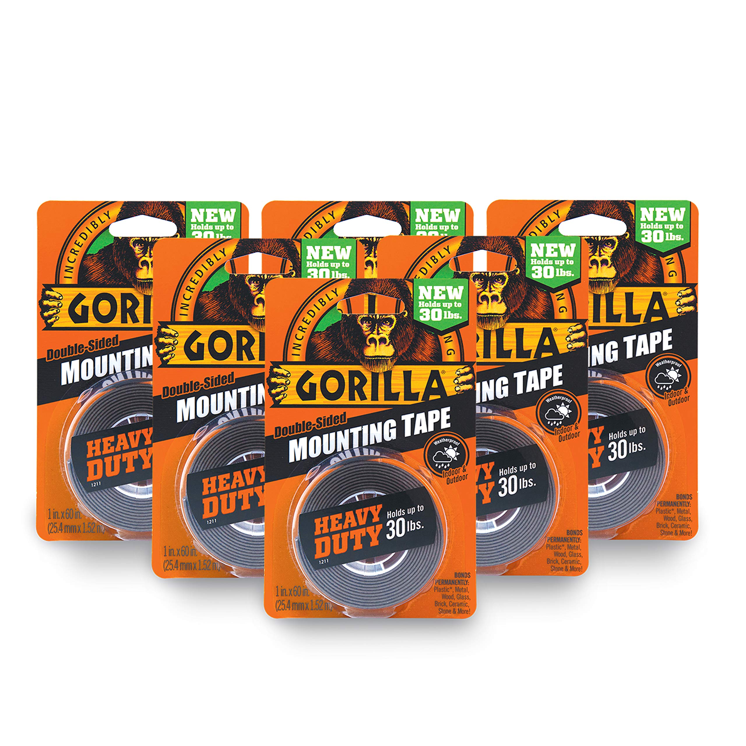 Gorilla Heavy Duty Double Sided Mounting Tape, 1 X 60, Black, (Pack Of 6)