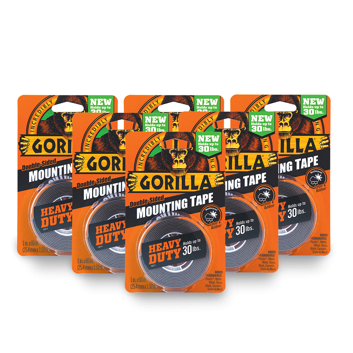 Gorilla Heavy Duty Double Sided Mounting Tape, 1 X 60, Black, (Pack Of 6)