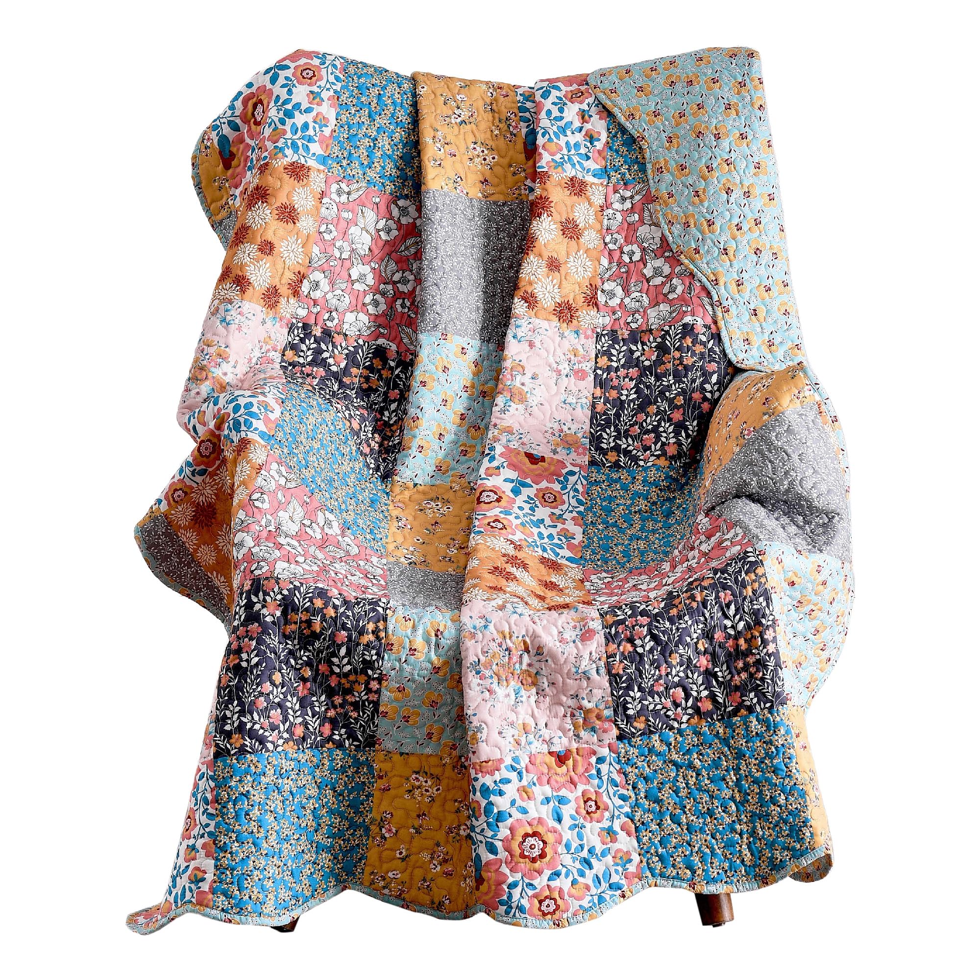 Turin 60 Inch Throw Blanket, Microfiber, Patchwork Floral Print, Multicolor