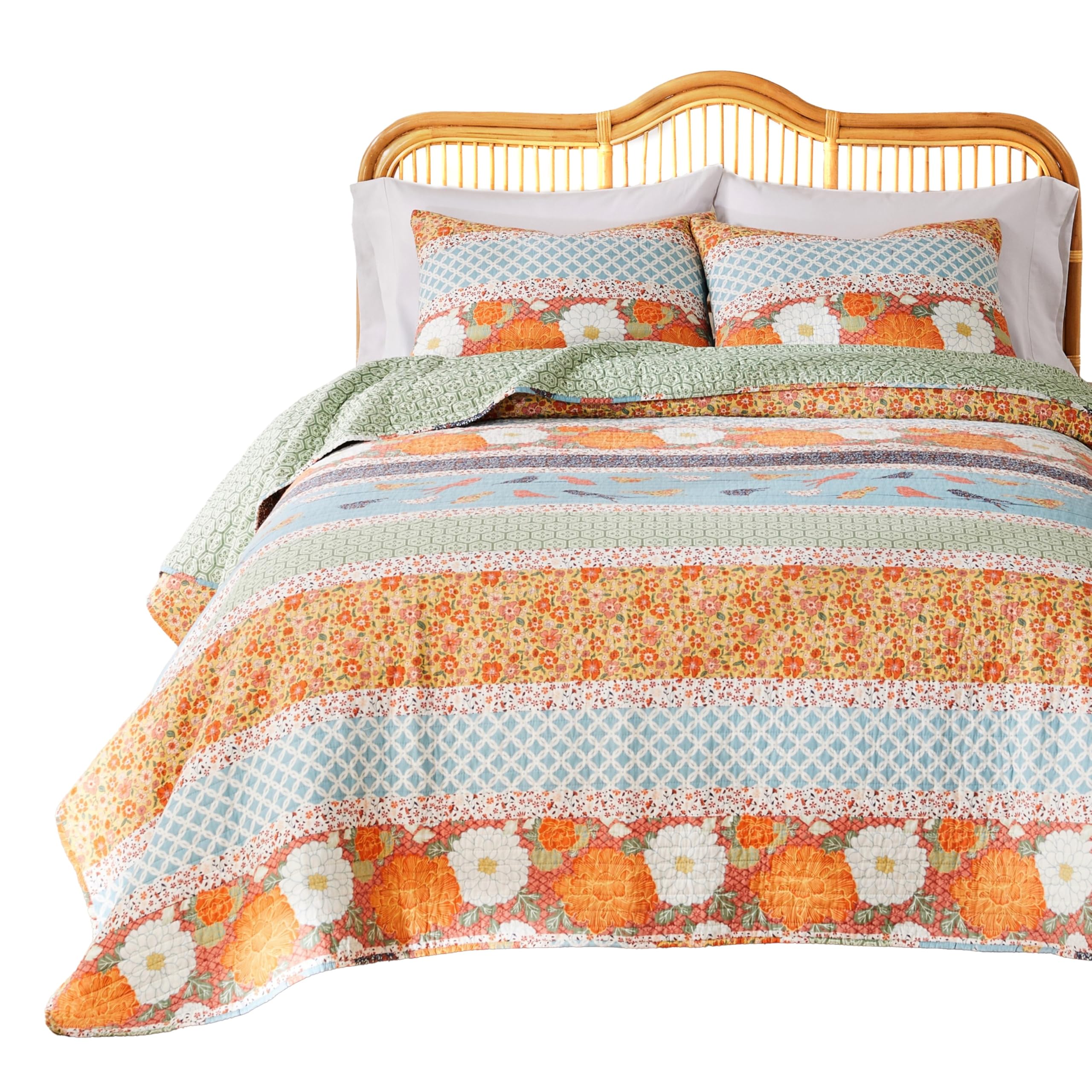 Nite 3pc Full/Queen Quilt Set, Calico Floral and Songbird Pattern, Cotton