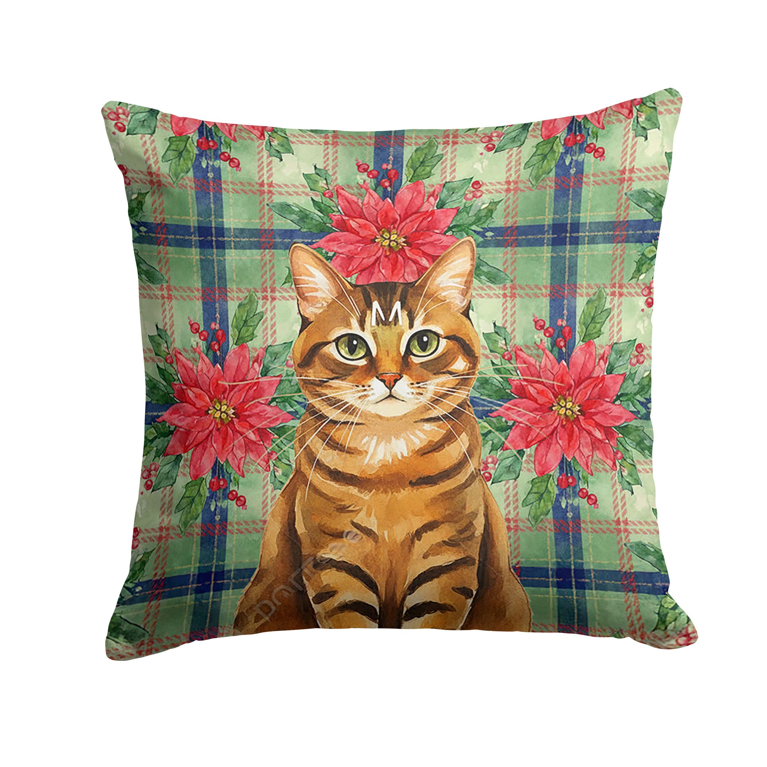 Carolines Treasures Classic Tabby Brown Cat with Poinsettias Throw Pillow Decorative Indoor Outdoor Accent Cushion for Couch, Bed or Patio, 14Hx14W