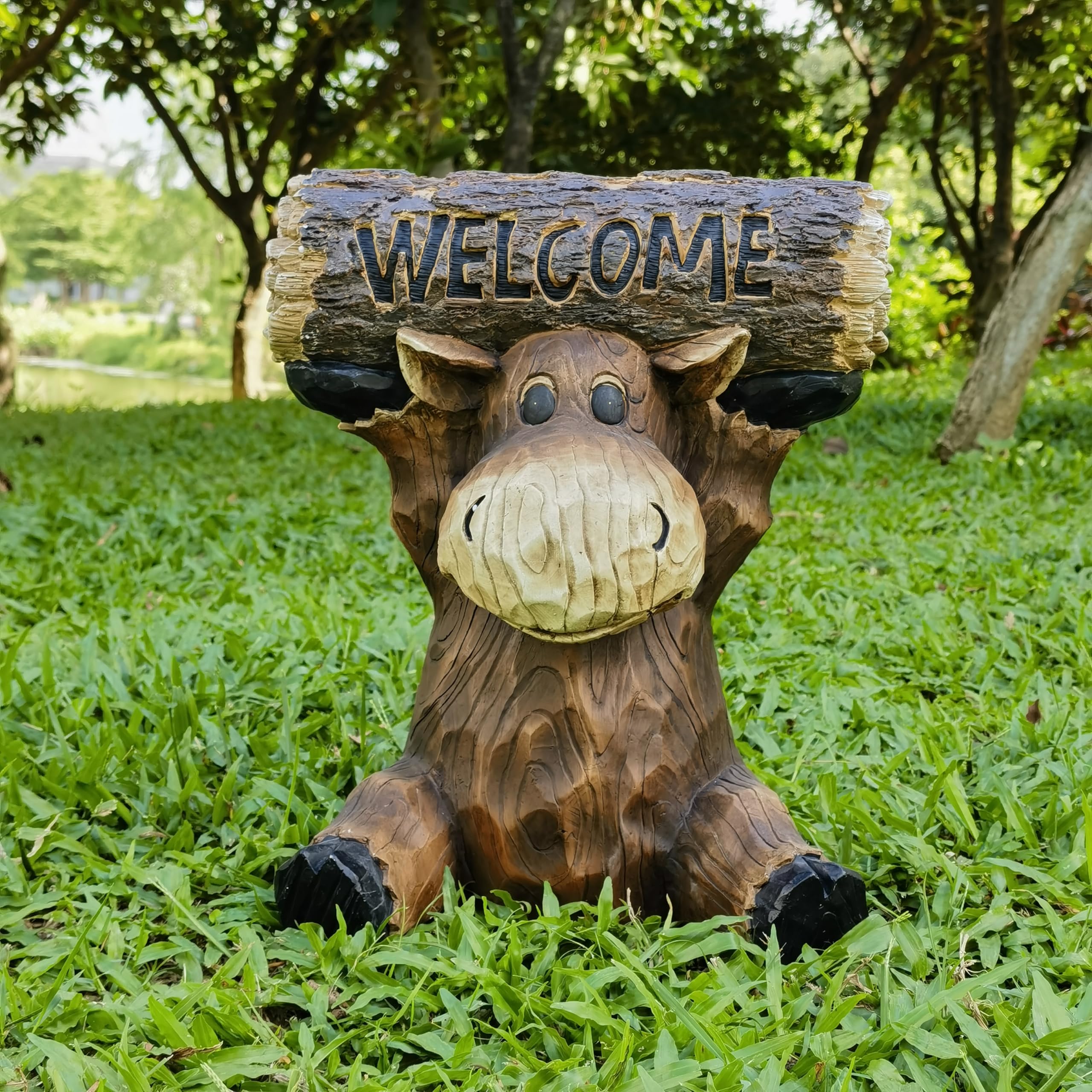 Hi-Line Gift Ltd 75624-D Moose Cub Holding Welcome Sign Garden Decor