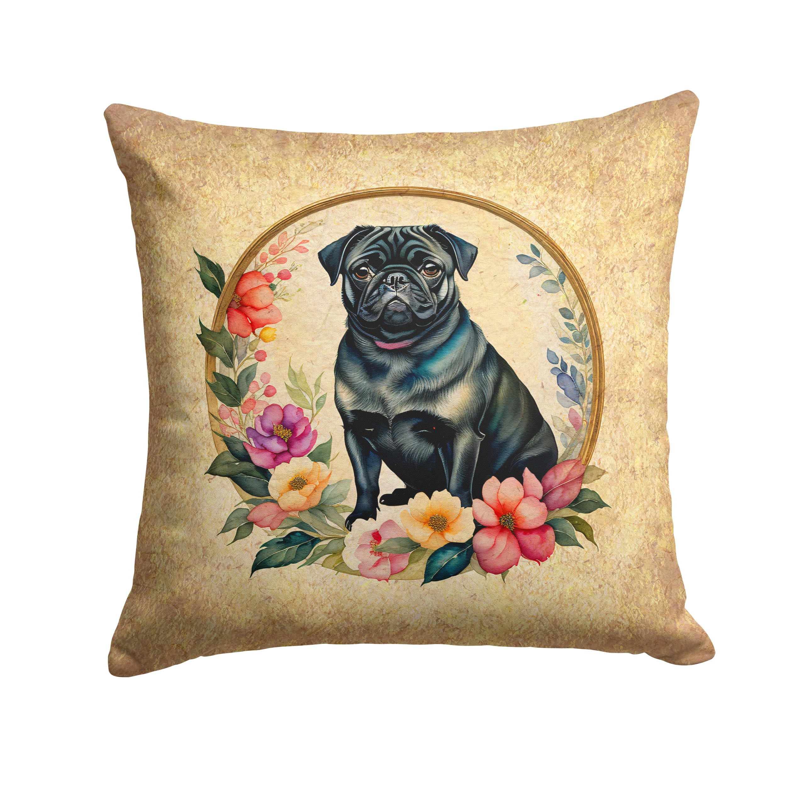 Black Pug And Flowers Throw Pillow