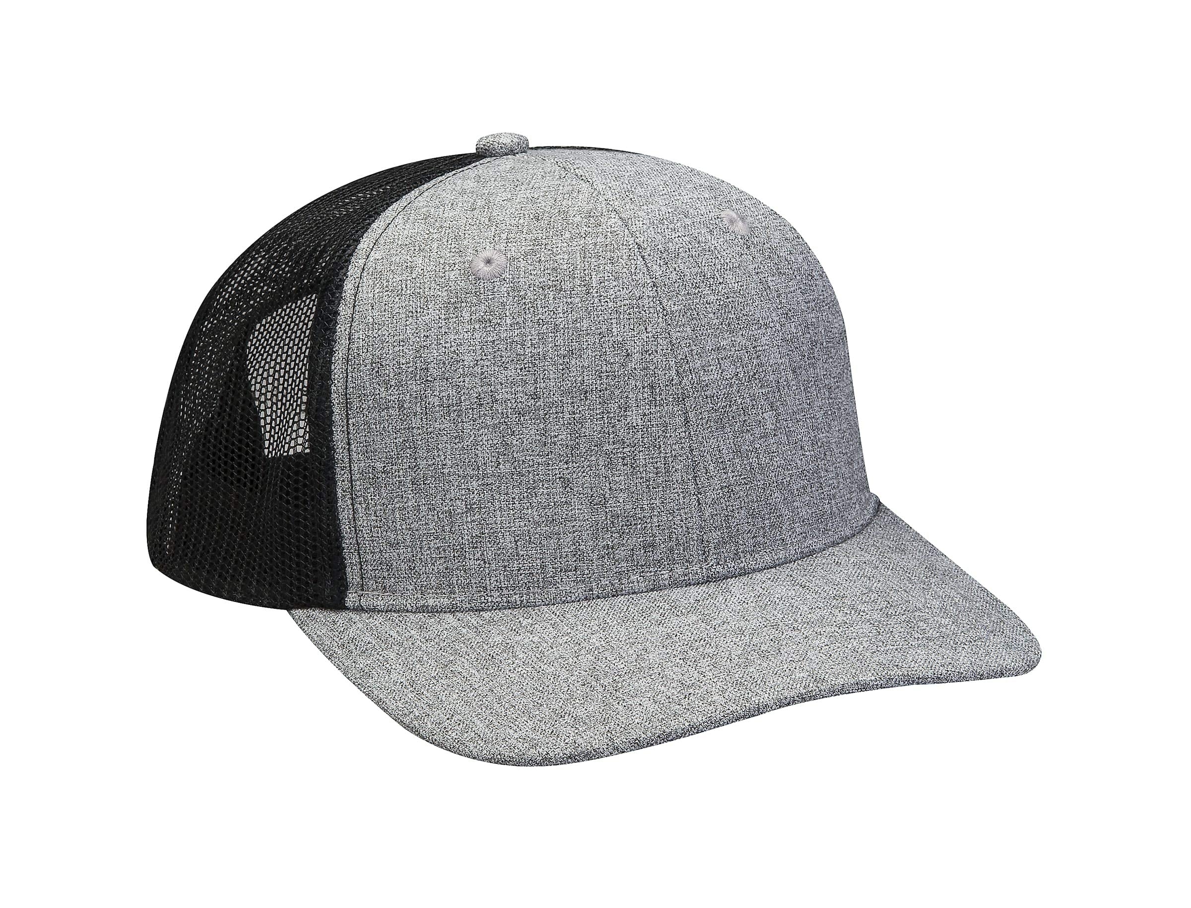 PV102 | PREMIER- 95% Polyester/5% Spandex, heather woven fabric front panels and visor, contrast color nylon mesh back panels, six-panel, Pro-Mid Structured crown, wider semi-flat visor, matching color plastic snap back closure. - CHARCOAL/BLACK