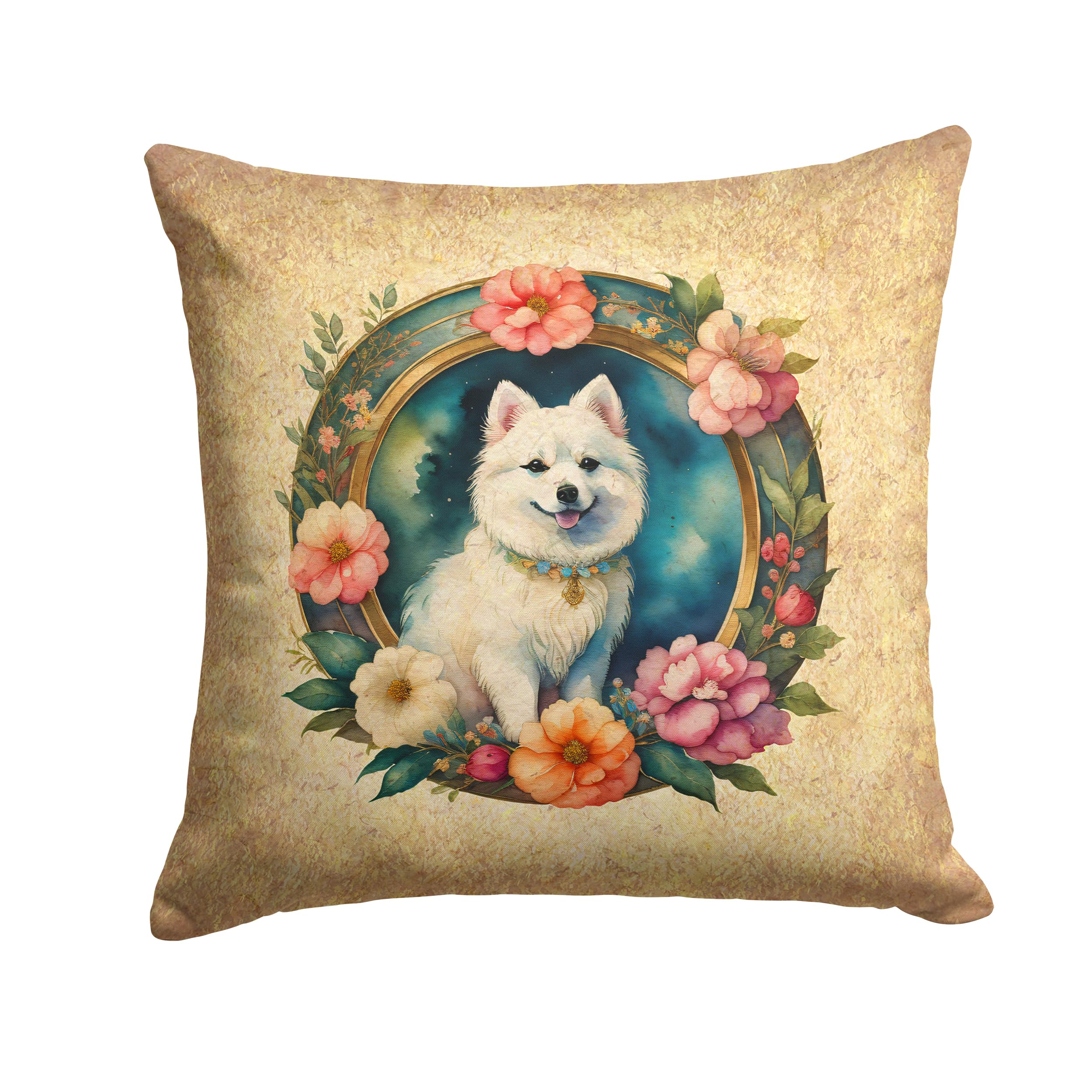 Japanese Spitz And Flowers Throw Pillow