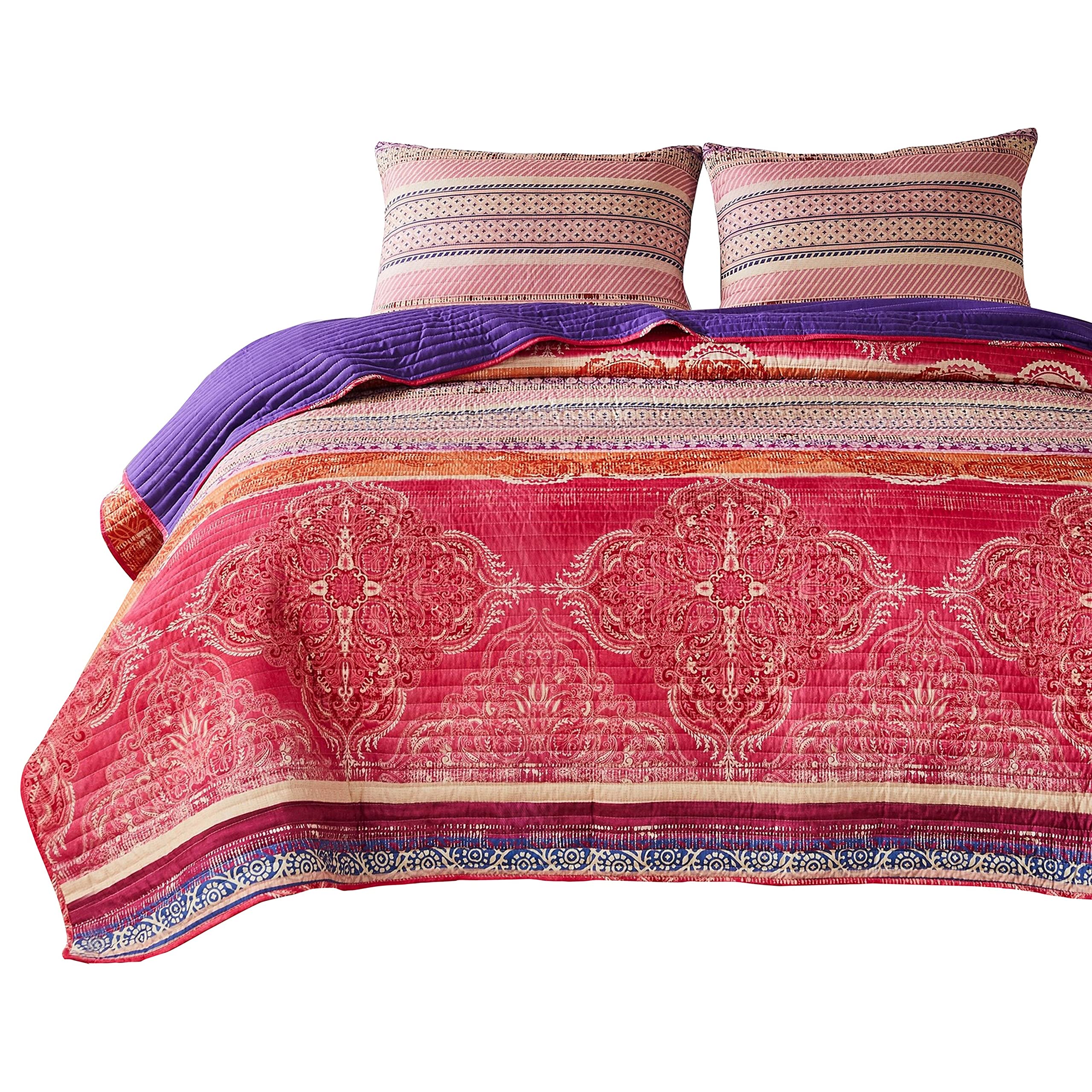 Dora 3 Piece Bohemian Full Quilt Set, Medallion, Paisley, Pink, Blue