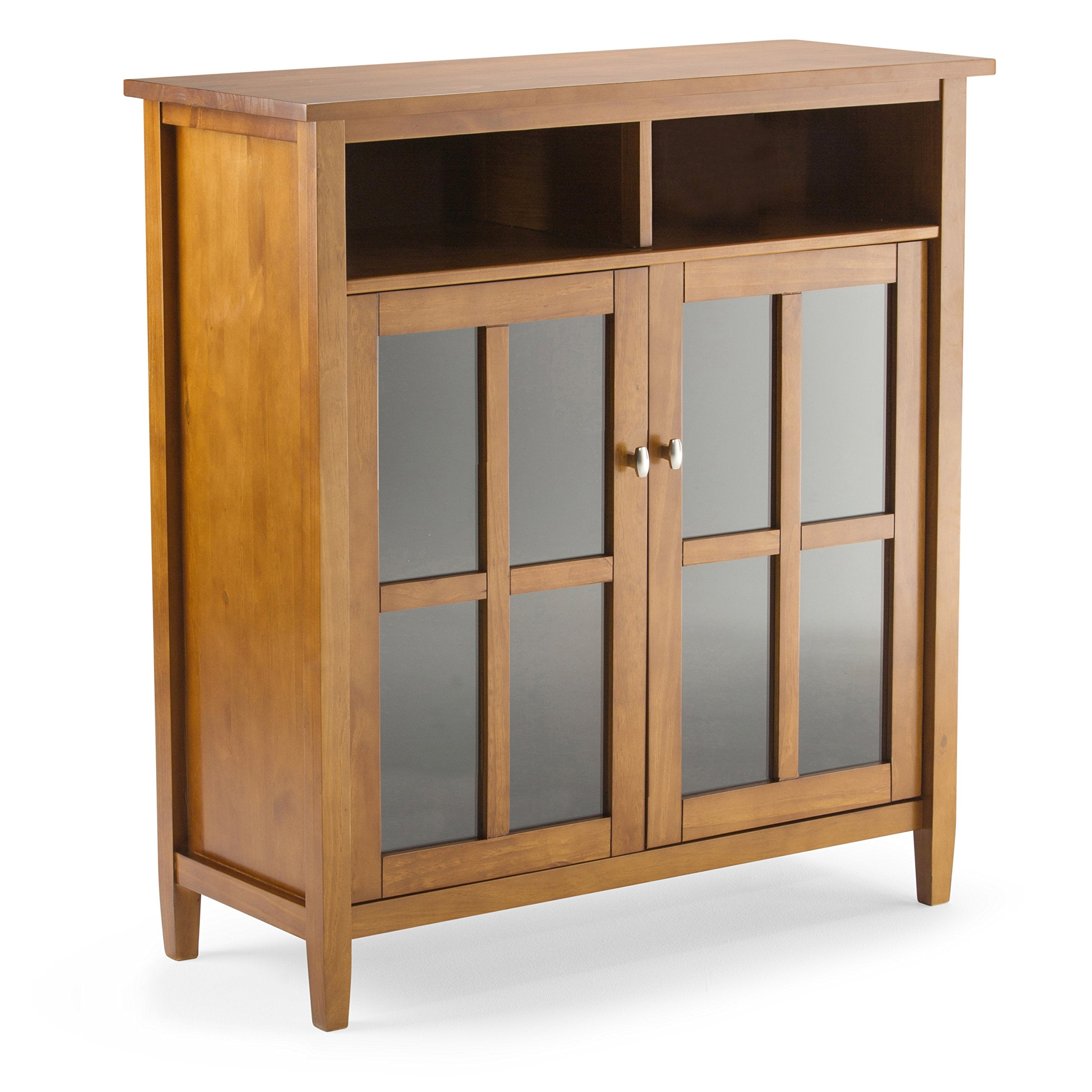 Simplihome Warm Shaker Solid Wood 39 Inch Wide Transitional Medium Storage Media Cabinet In Light Golden Brown, With 2 Doors Wit