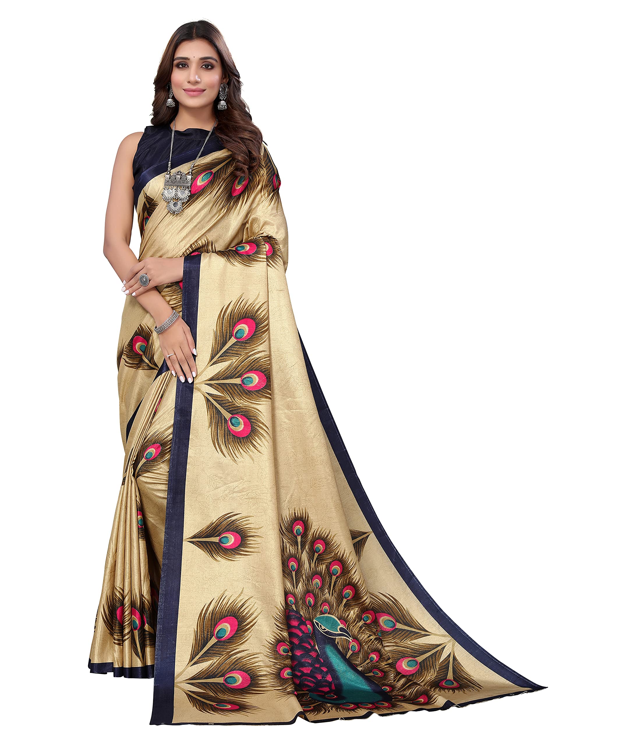 Yashika womens art silk kalamkari bhagalpuri and kashmiri style soft saree with blouse piece (GOLDEN PEACOCK_Y)