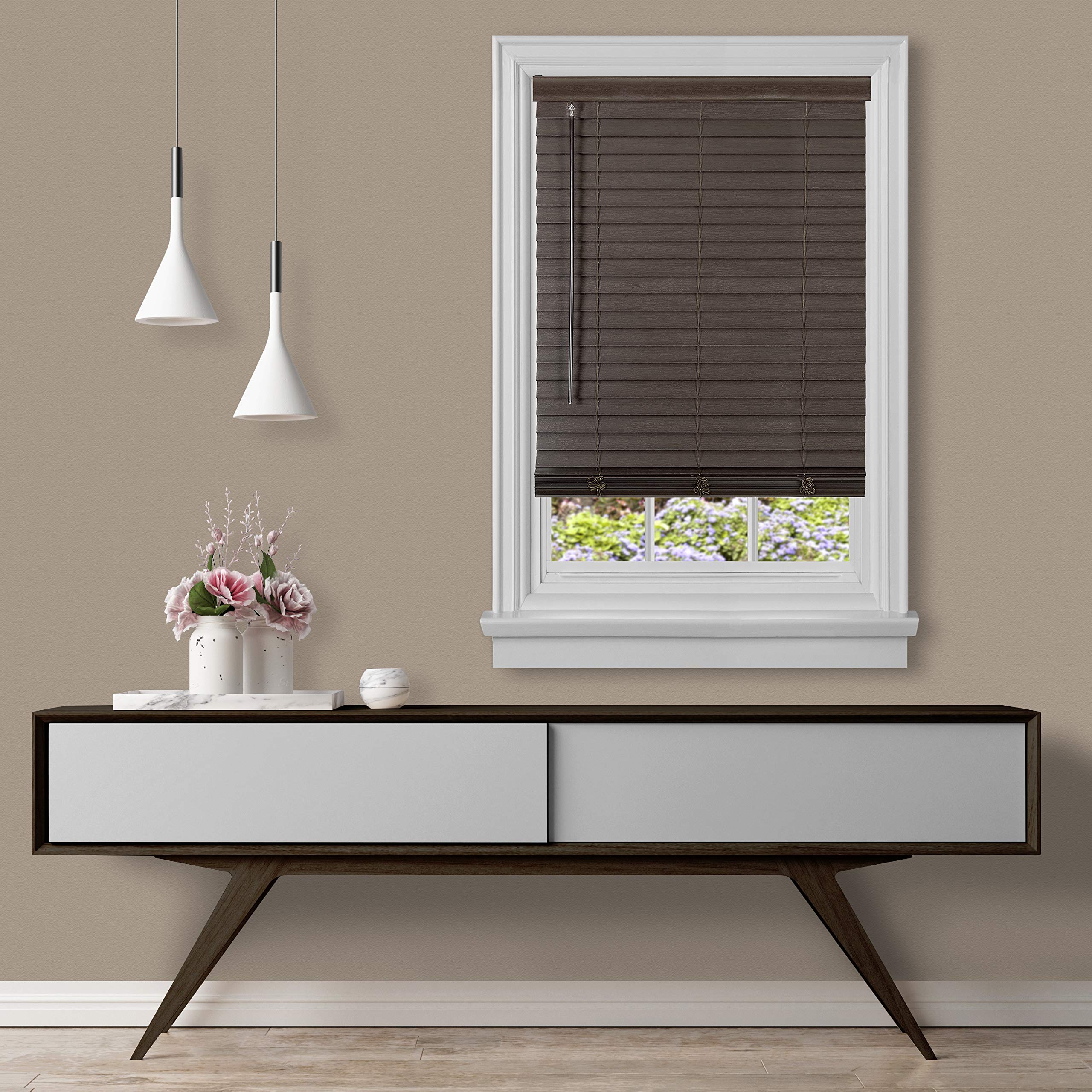 Cordless GII Madera Falsa 2 Faux Wood Plantation Blind 34x64 - Mahogany