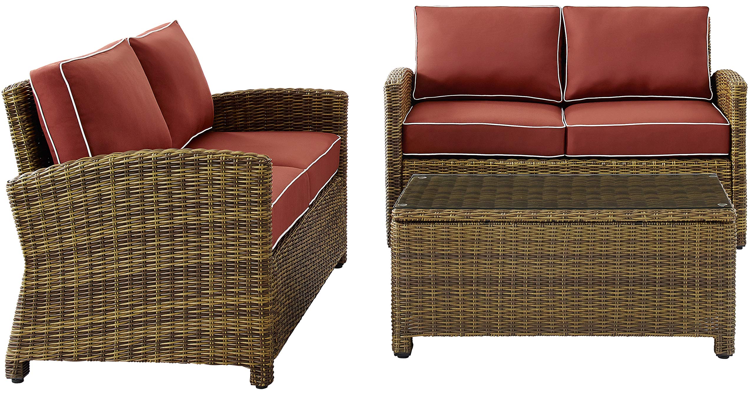 Crosley Furniture Bradenton 3-Piece Outdoor Loveseat Patio Furniture Set, Wicker Conversation Sets For Porch, Brown With Sangria Cushions