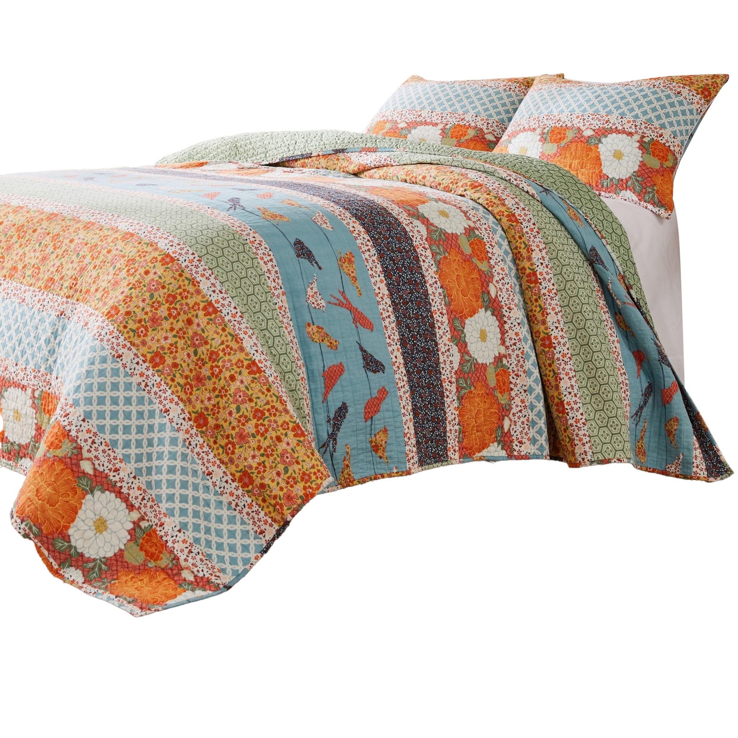 2pc Twin Quilt and Pillow Sham Set, Floral and Songbirds Prints, Multicolor