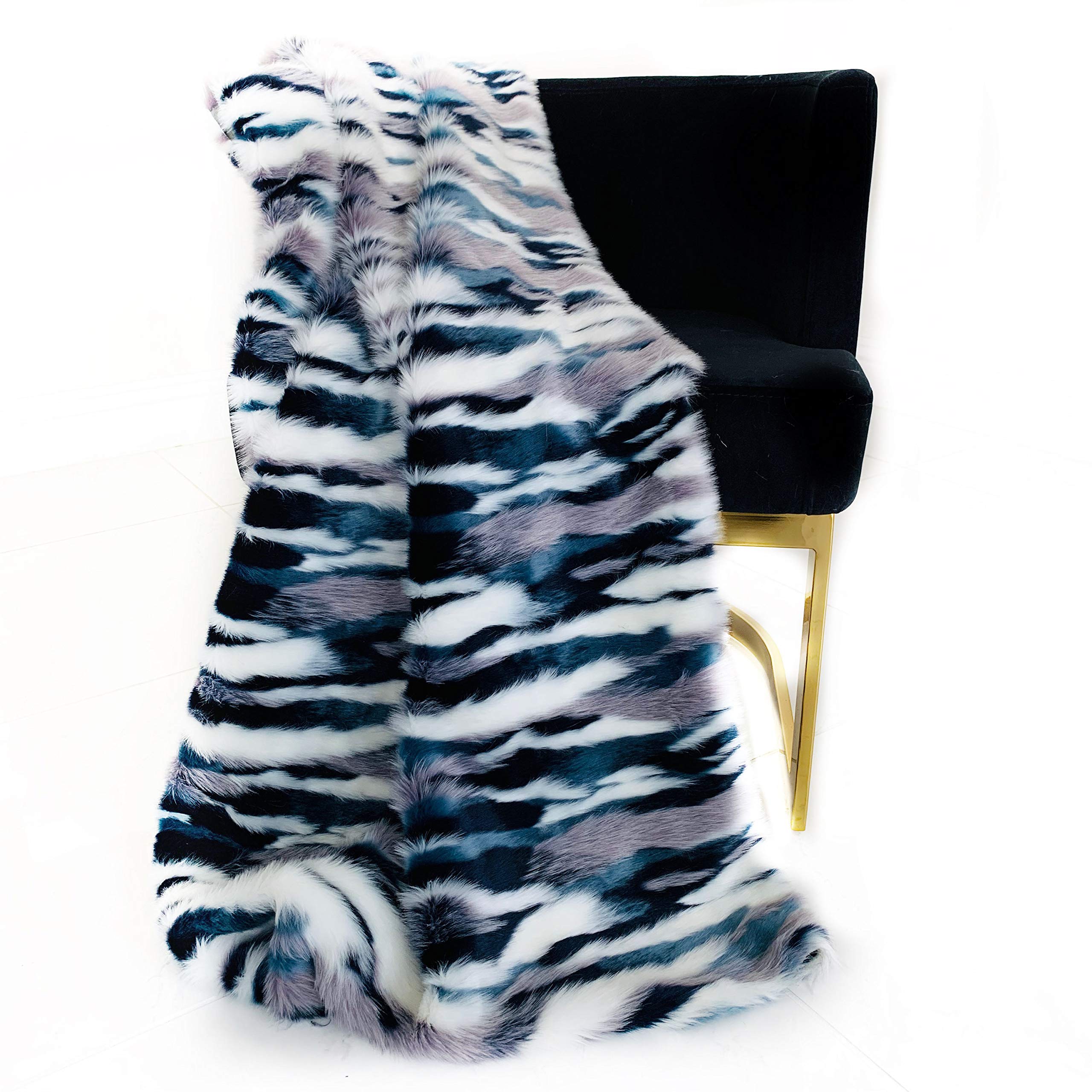 Plutus Blue, Black, White  Fancy Faux Fur Luxury Throw Blanket Throw 60W x 72L- Blue, Black, White