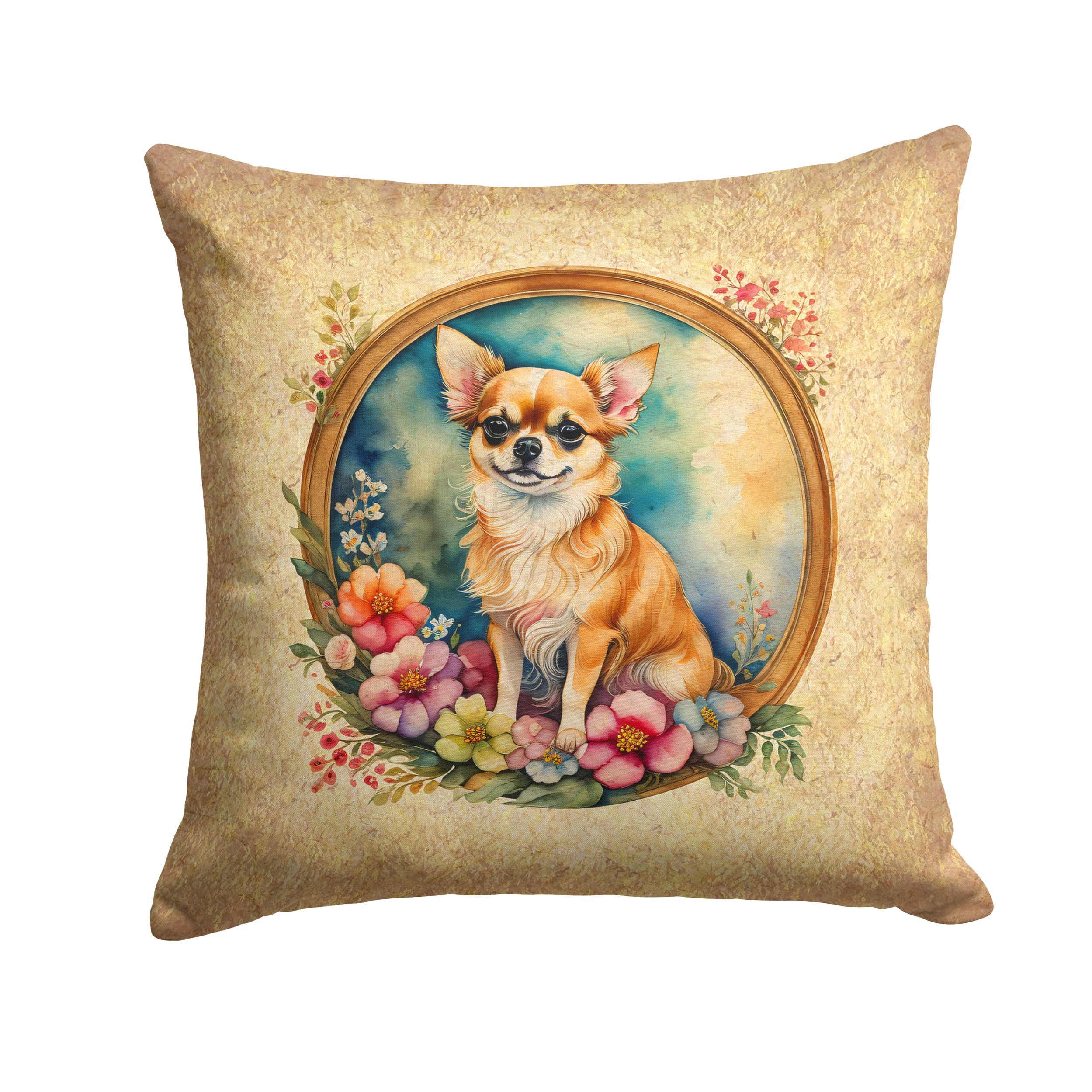 Chihuahua and Flowers Throw Pillow