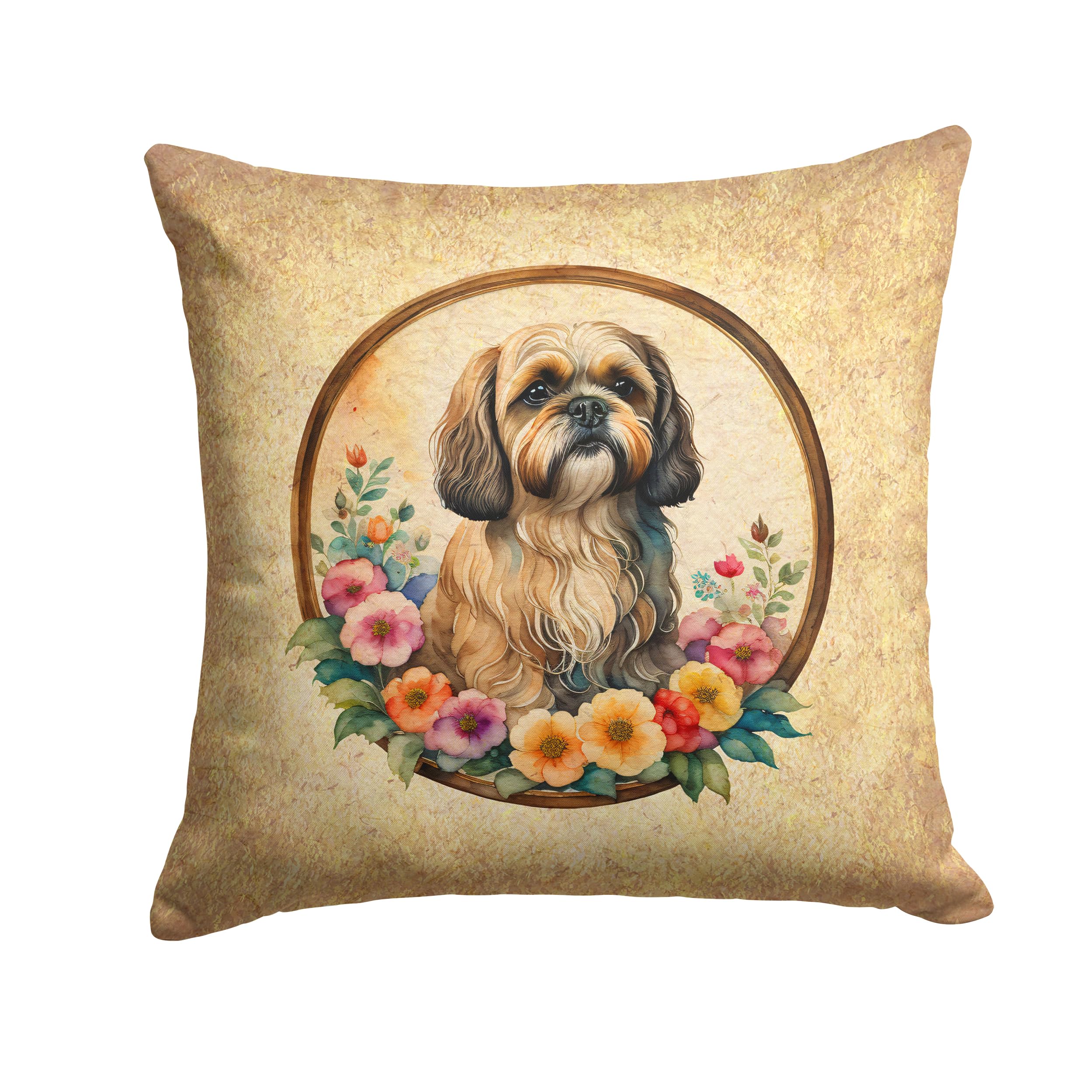 Lhasa Apso And Flowers Throw Pillow