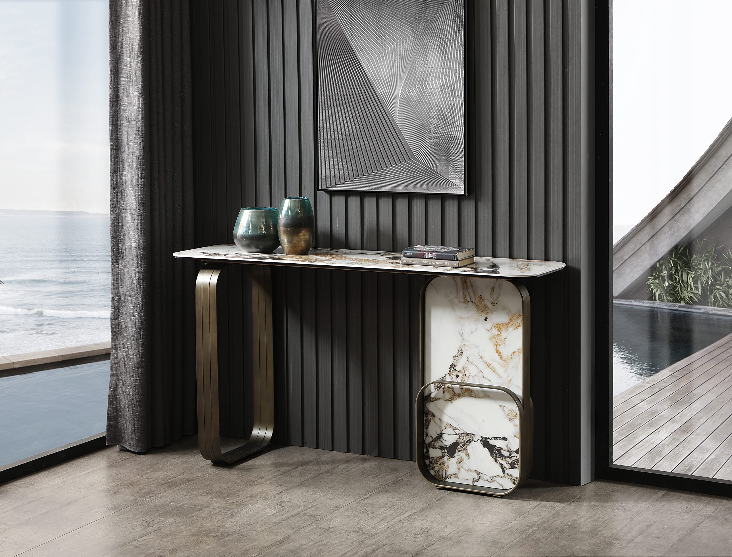 Kora Console, 8mm Glass + 6mm Ceramic White, Black & Gold Marbolized Top, 6mm Ceramic and Brushed Metal in Bronze