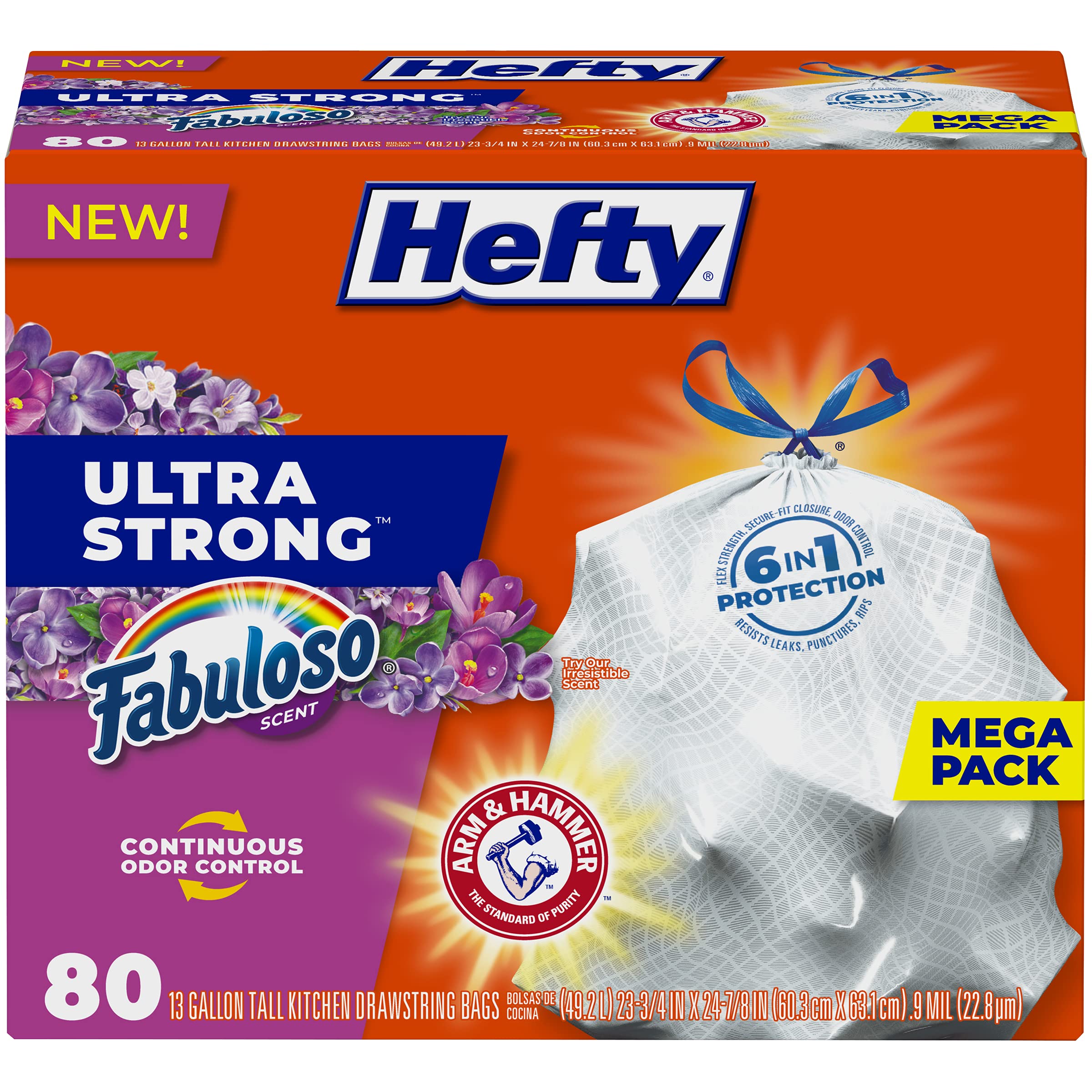 Hefty Ultra Strong Tall Kitchen Trash Bags, Fabuloso Scent, 13 Gallon, 80 Count