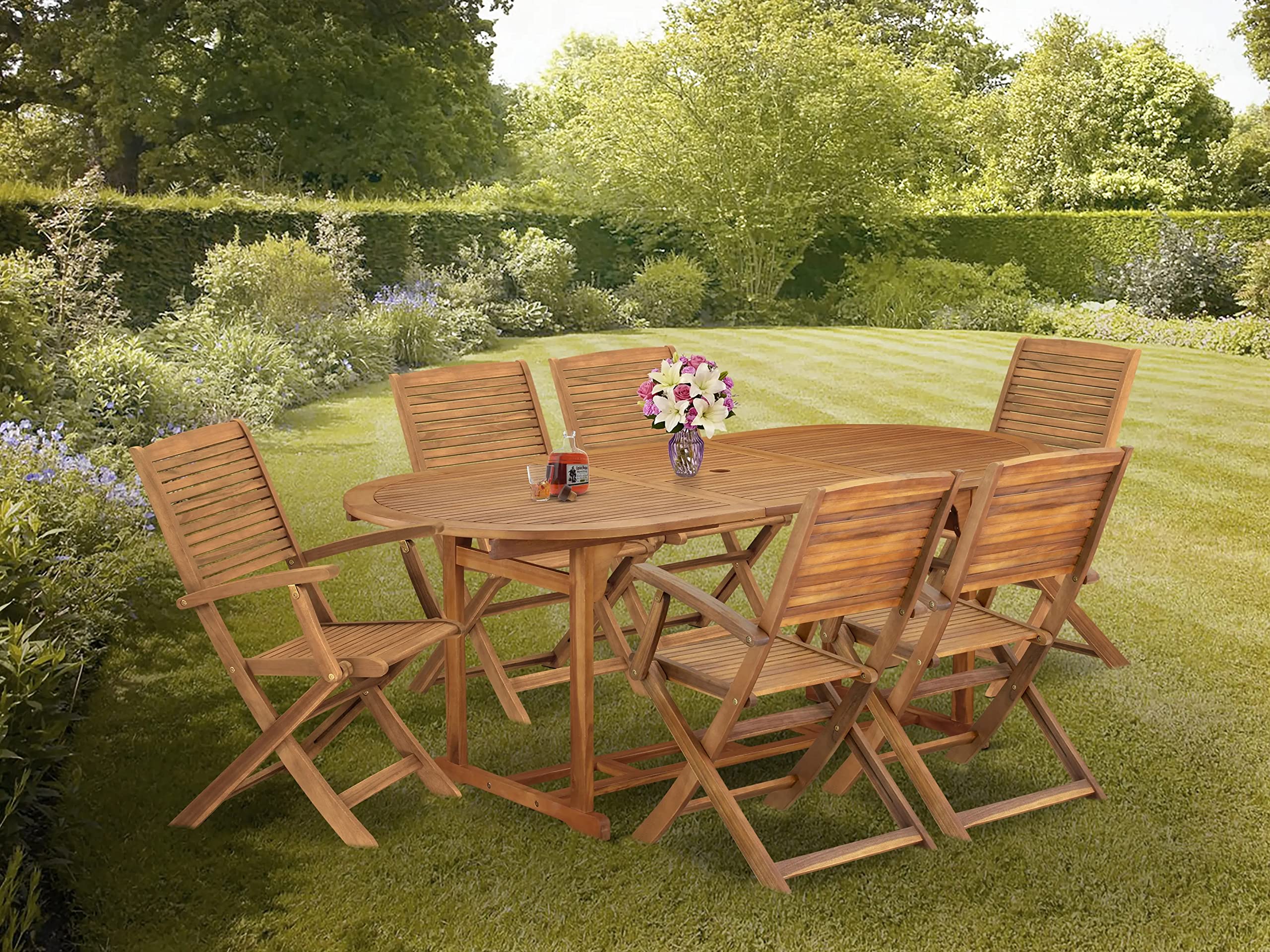 East West Furniture BSHD7CANA 7 Piece Outdoor Patio Dining Sets Includes an Oval Acacia Wood Table and 6 Folding Arm Chairs, 36x78 Inch, Natural Oil