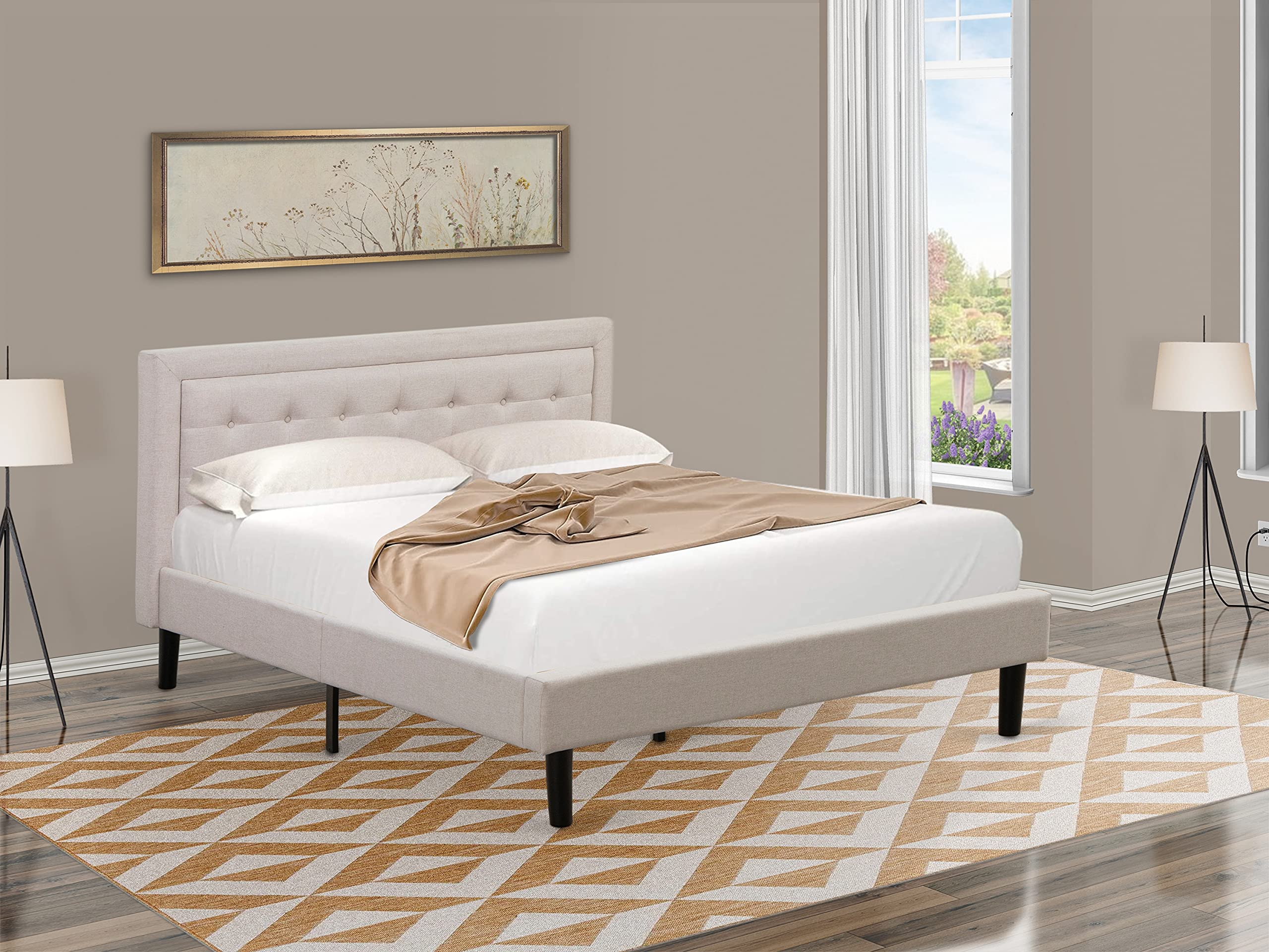 East West Furniture FNF-08-Q Platform Queen Size Bed - Mist Beige Linen Fabric Upholestered Bed Headboard with Button Tufted Trim Design - Black Legs