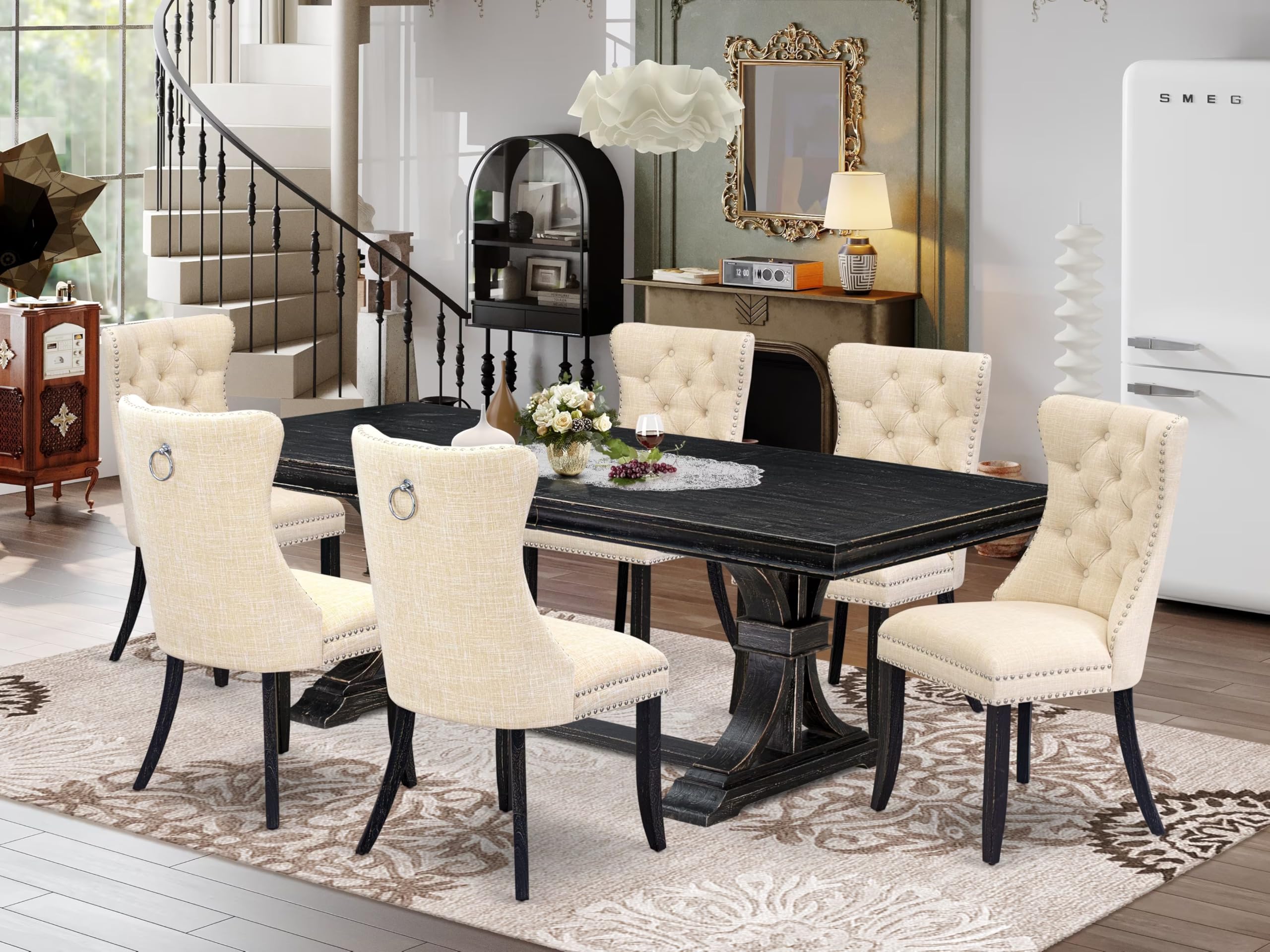 7 piece dining table set of a wooden table and 6 Linen Fabric dining room chairs