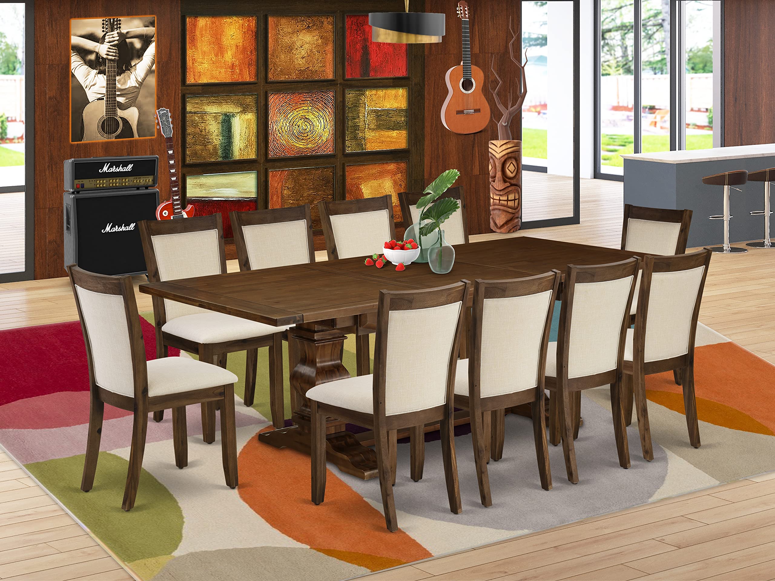 East West Furniture 7-Pcs Kitchen Table Set - 1 Kitchen Table with Double Pedestal and 6 Light Beige Linen Fabric Dining Chairs with Stylish High Back - Distressed Jacobean Finish