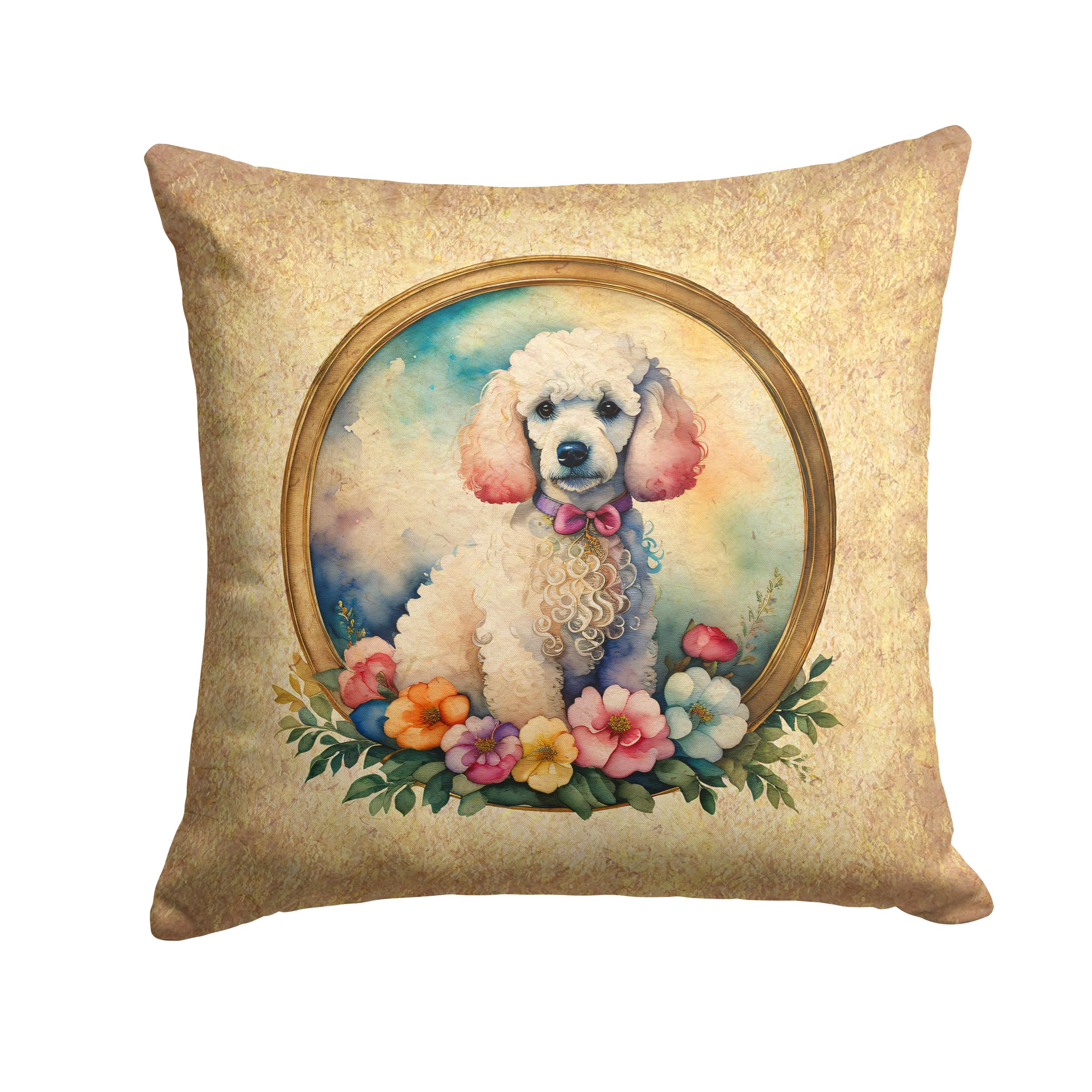 White Poodle And Flowers Throw Pillow