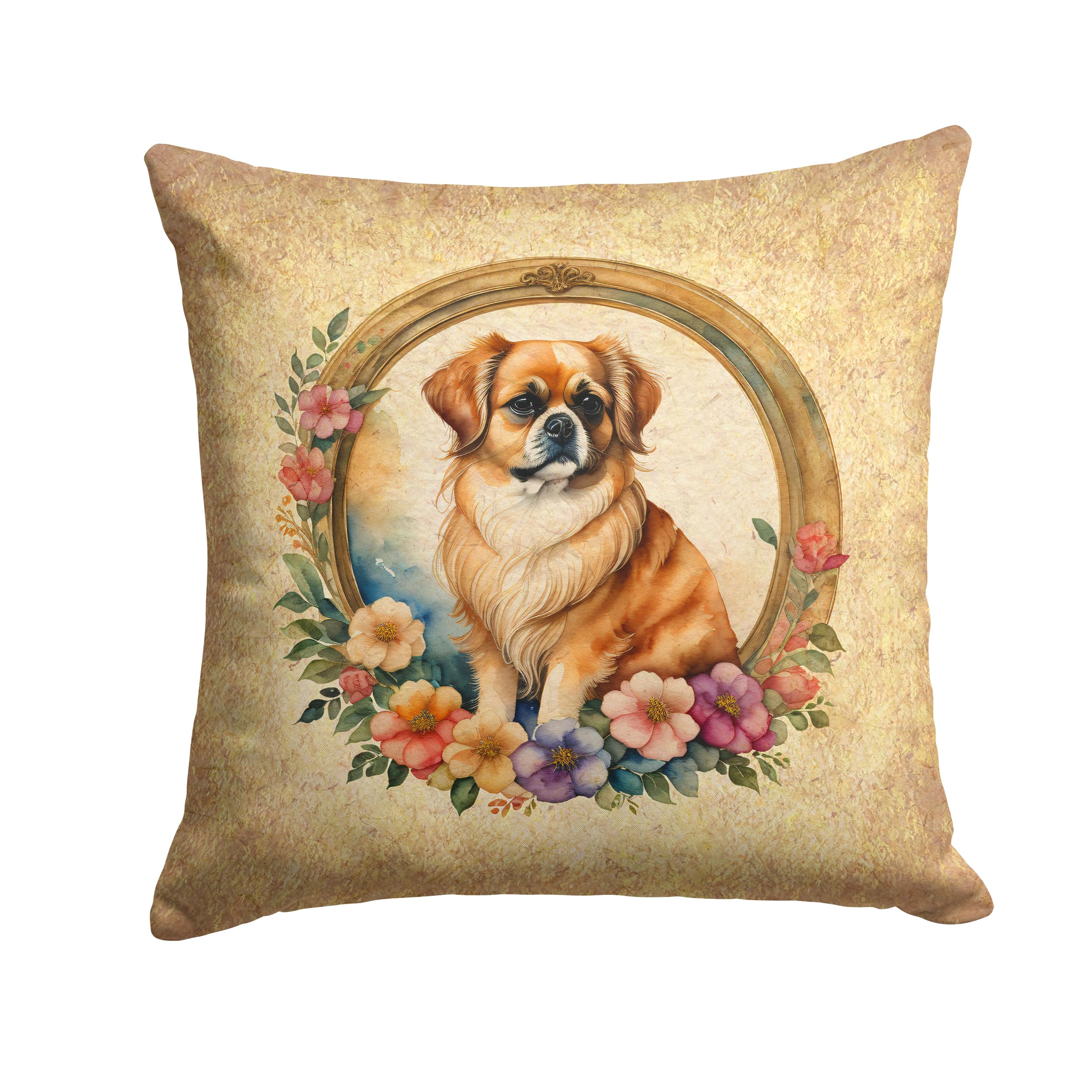 Tibetan Spaniel and Flowers Throw Pillow