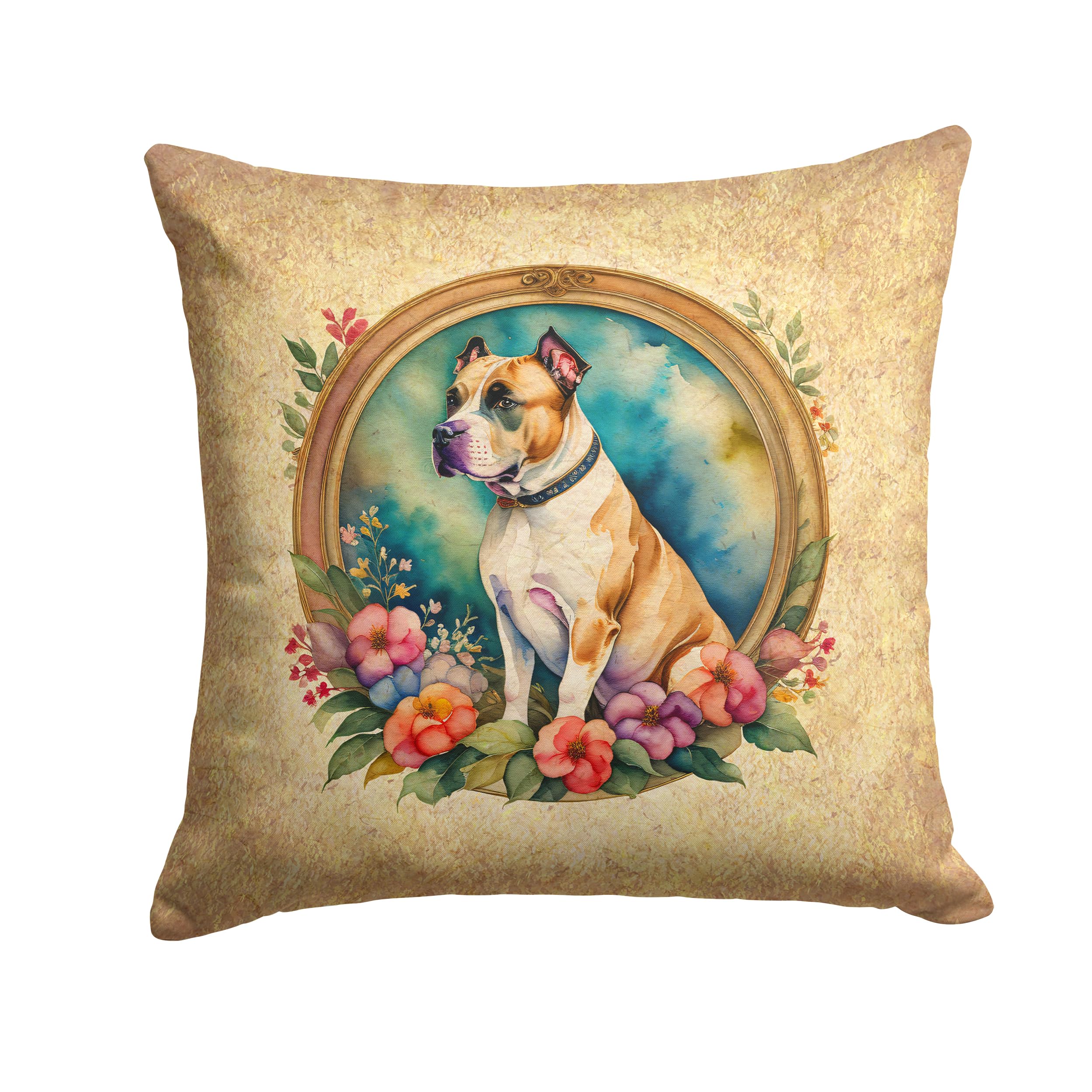 American Staffordshire Terrier And Flowers Throw Pillow