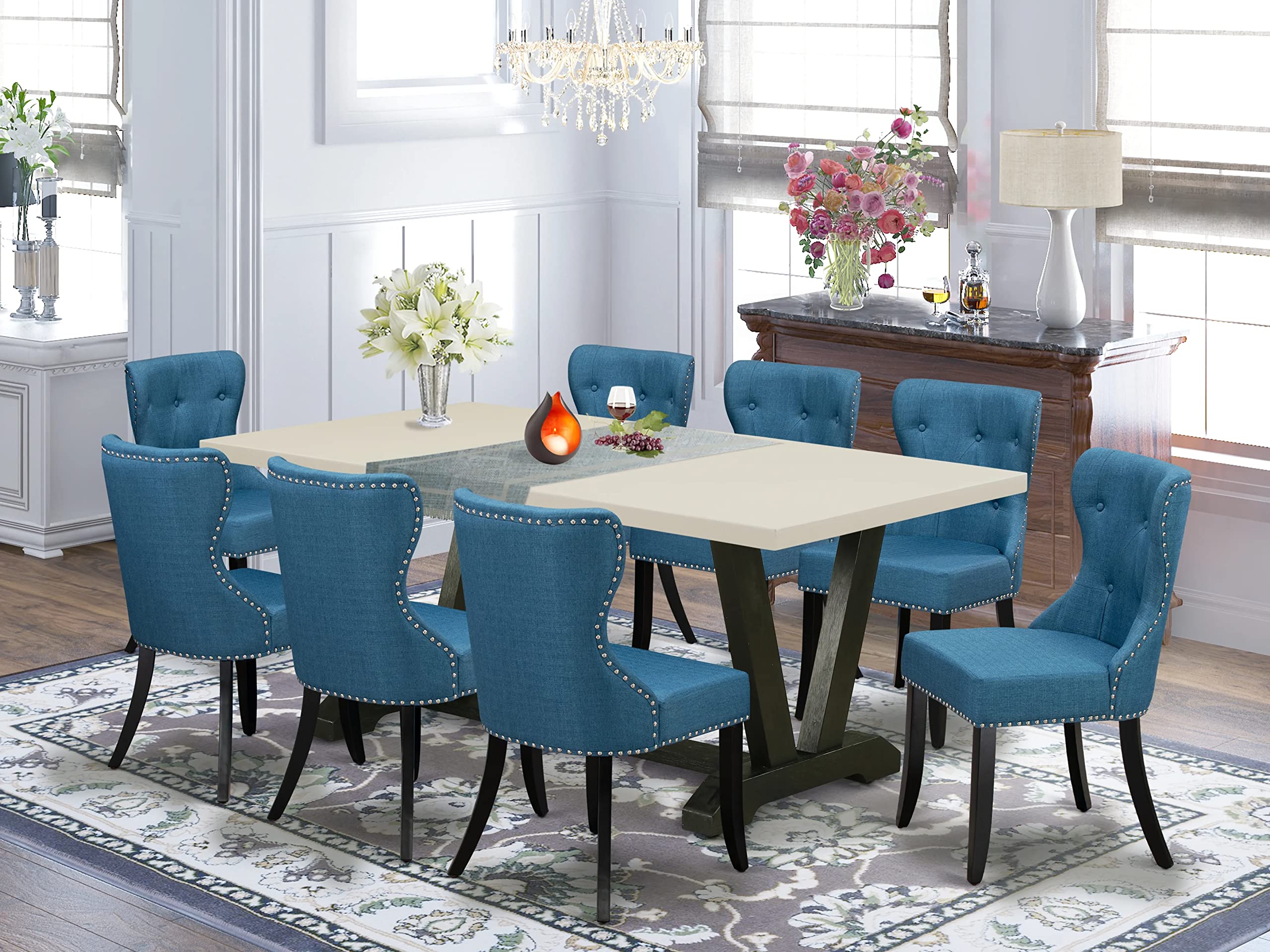 East West Furniture 9-Piece Dinette Room Set- 8 Parson dining room chairs with Blue Linen Fabric Seat and Button Tufted Chair Back - Rectangular Table top & Wooden Legs - Linen White and Black Finish