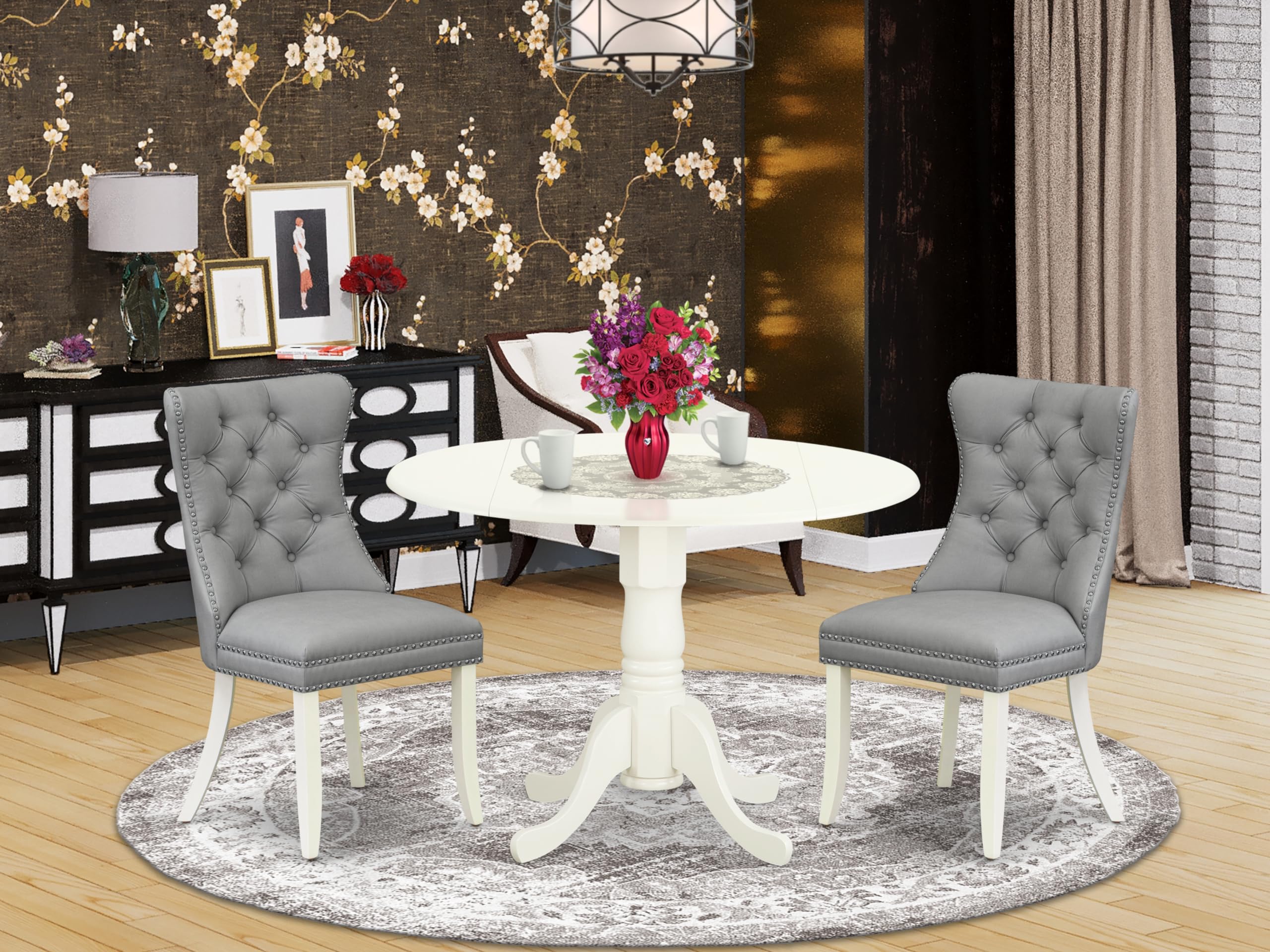 East West Furniture DLDA3-WHI-27 3 Piece Dinette Set for Small Spaces Consists of a Round Dining Table with Dropleaf and 2 Upholstered Parson Chairs, 42x42 Inch, linen white