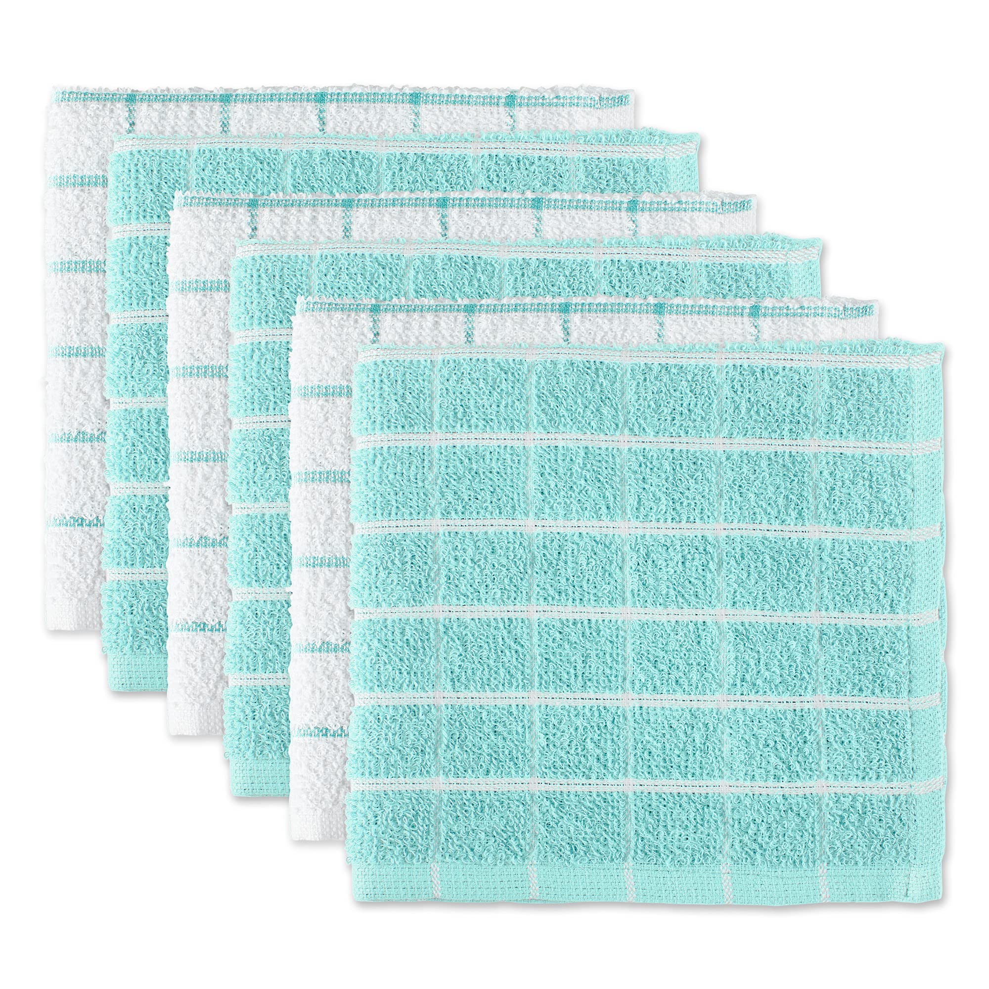 Dii Basic Terry Collection Windowpane Dishcloth Set, 12X12, Aqua, 6 Piece