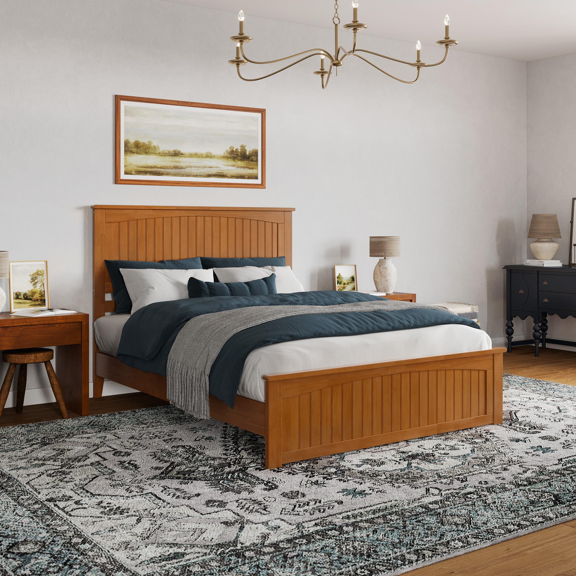 Naples Queen Solid Wood Low Profile Platform Bed with Matching Footboard in Light Toffee
