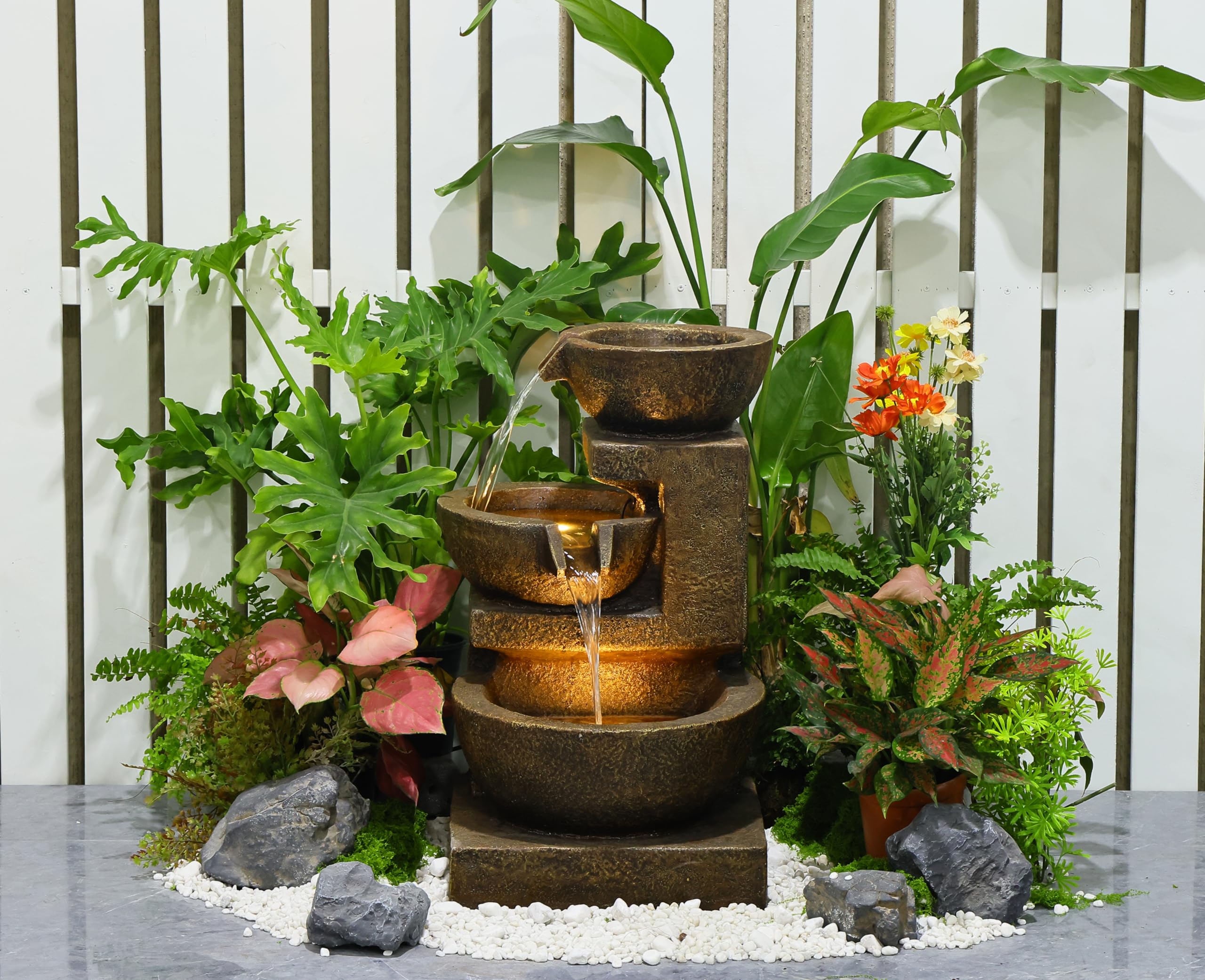Hi-Line Gift Ltd 79061-BR Cascading Bowl Fountain with Dual Warm White LEDs - Brown