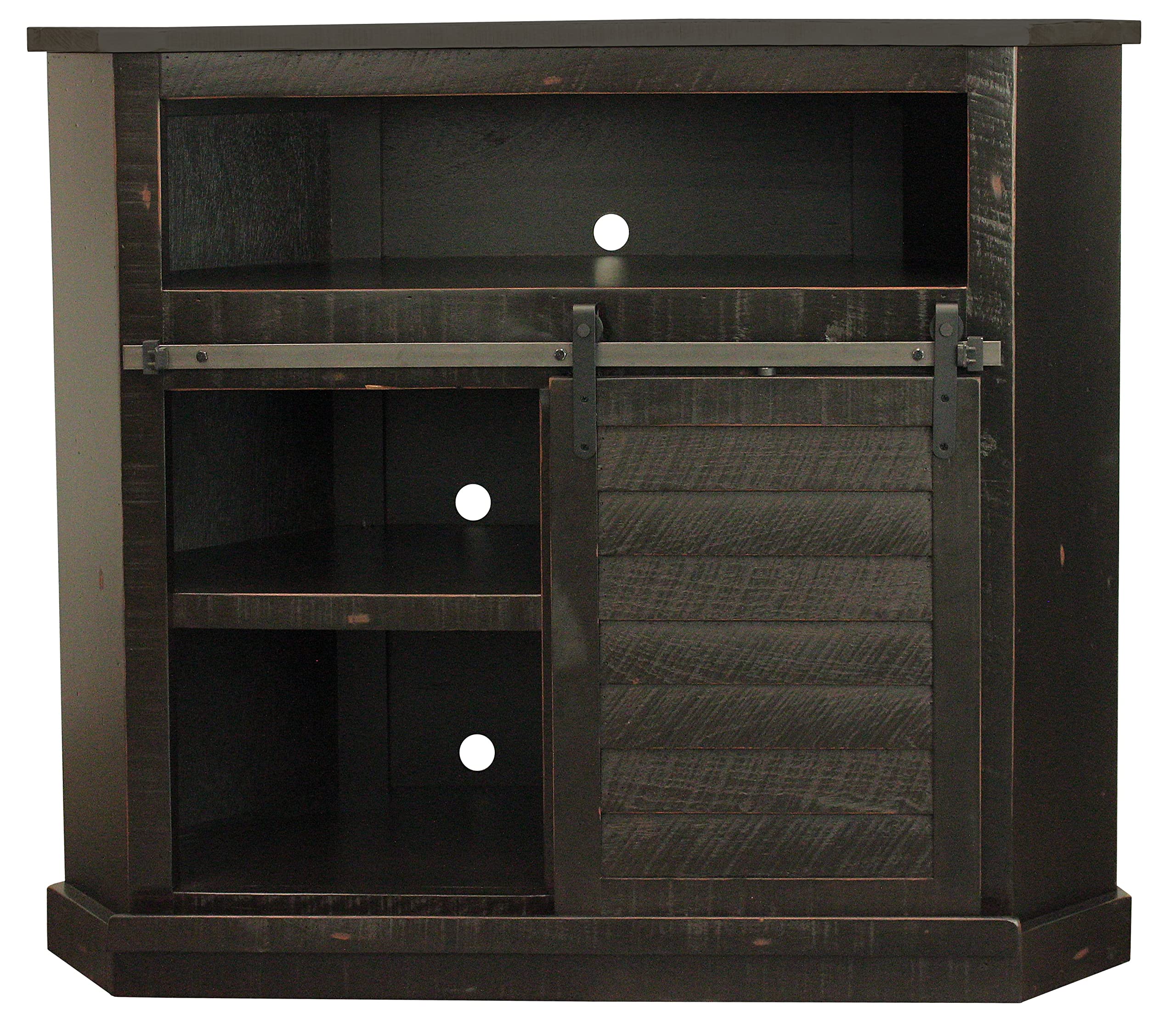 Rustic Tall Alcove Shutter Corner TV Stand in Rustic Antique Black