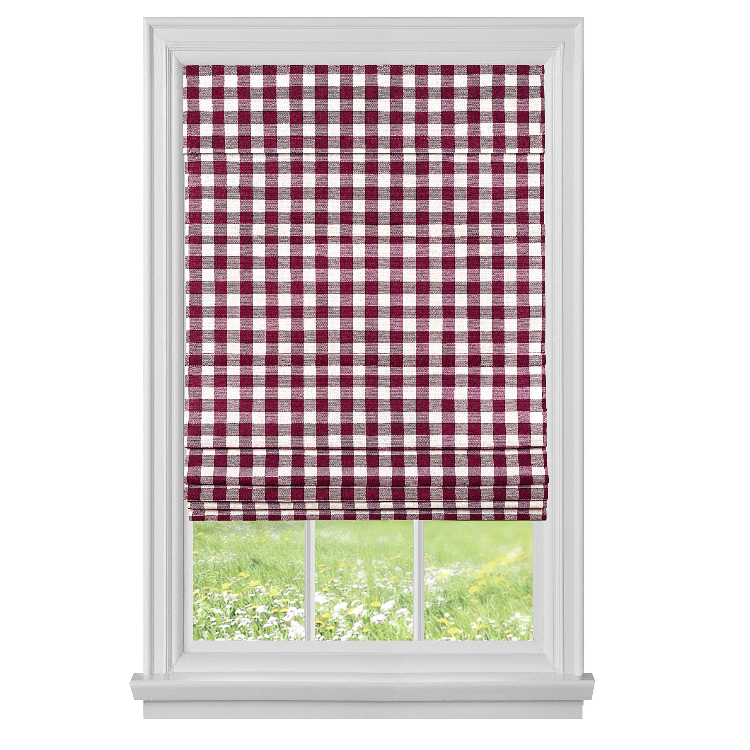 Cordless Buffalo Check Roman Window Shade 27X64 - Burgundy