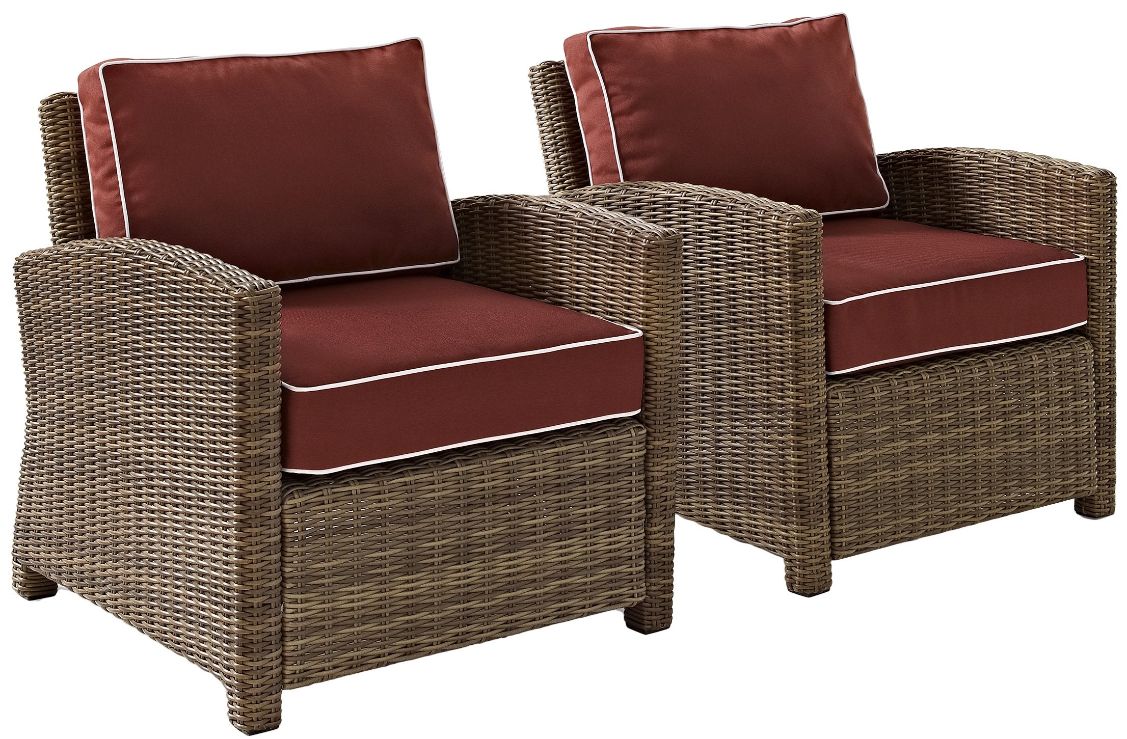Crosley Furniture Bradenton 2-Piece Outdoor Chair Set, Wicker Patio Chairs For Conversation, Porch, Deck, Brown With Sangria Cushions
