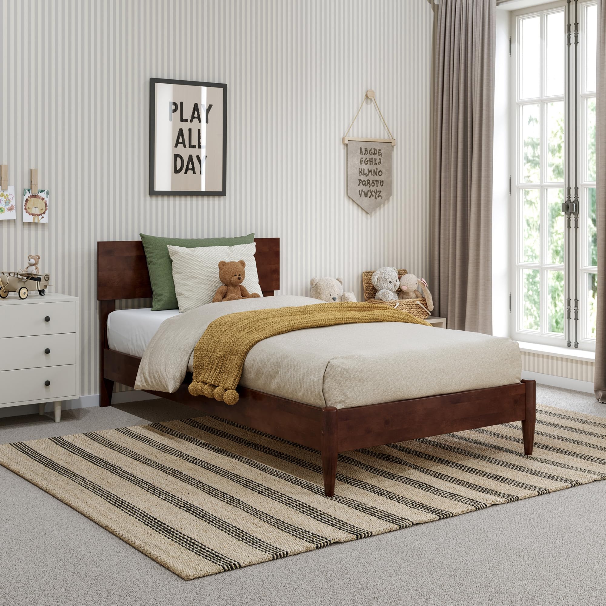 Aria Twin Solid Wood Modern Low Profile Platform Bed in Walnut