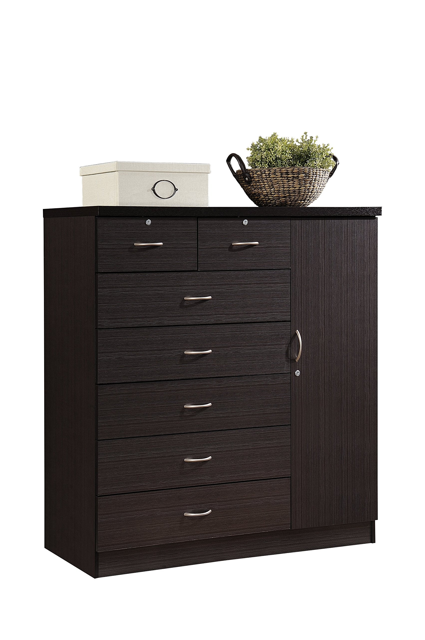 Hodedah 7-Drawer Chest with Locks on 2-Top Drawers plus 1-Door with 3-Shelves in Chocolate