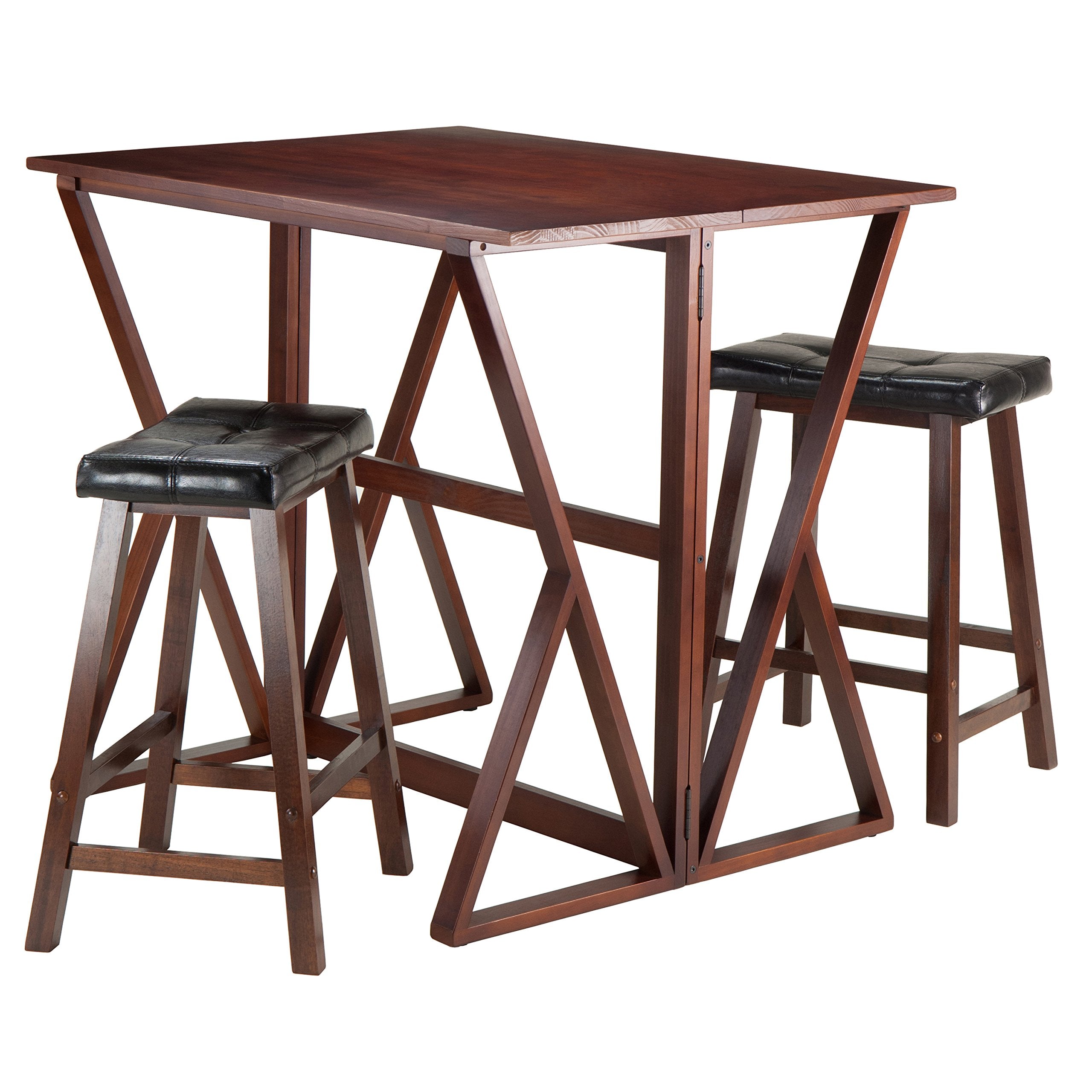 Harrington 3-Pc Drop Leaf Table with Cushion Saddle Seat Counter Stools, Walnut and Black