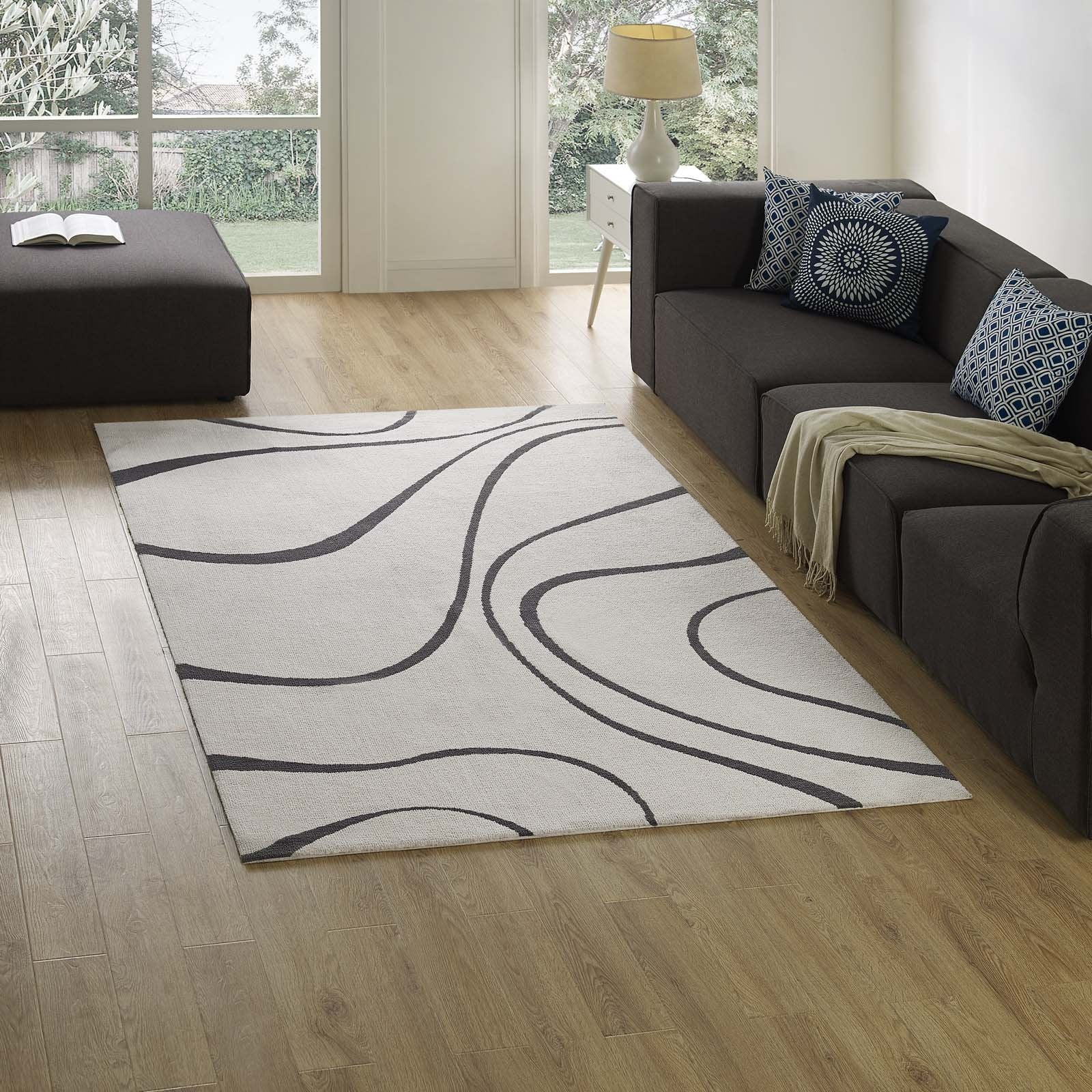 Therese Abstract Swirl 5x8 Area Rug - Ivory and Charcoal