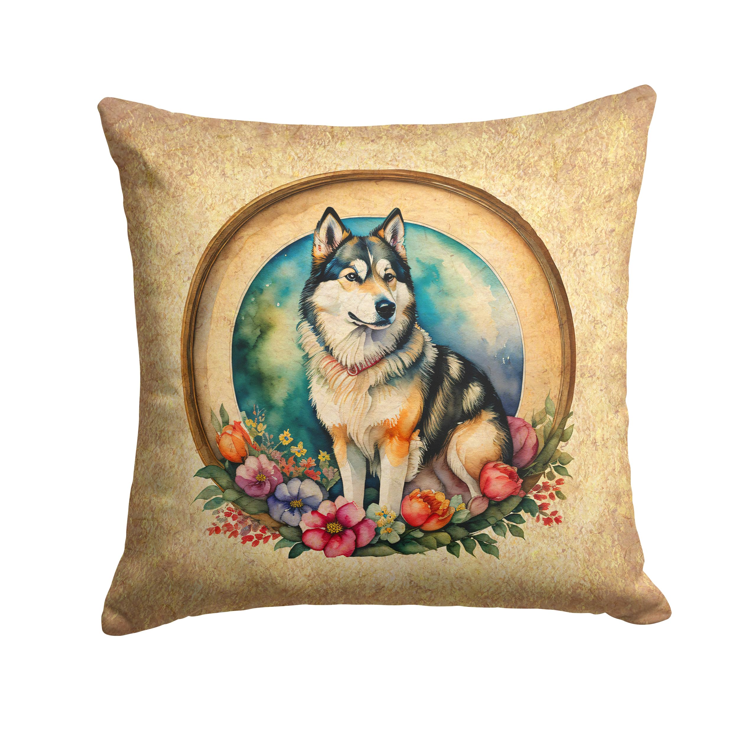 Alaskan Malamute And Flowers Throw Pillow