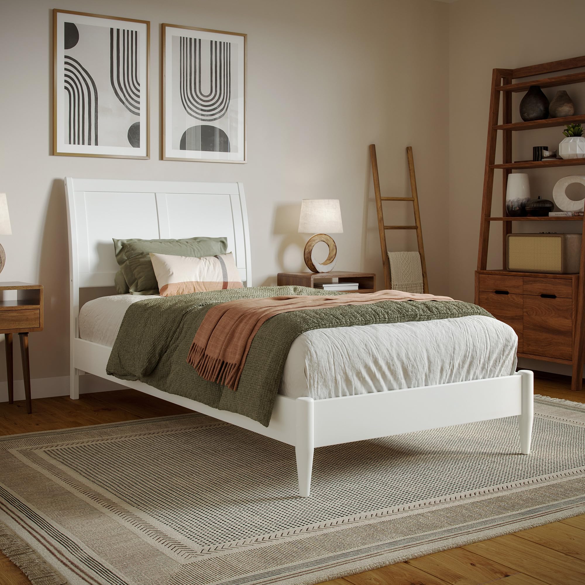 Valencia Twin XL Solid Wood Low Profile Sleigh Platform Bed in White